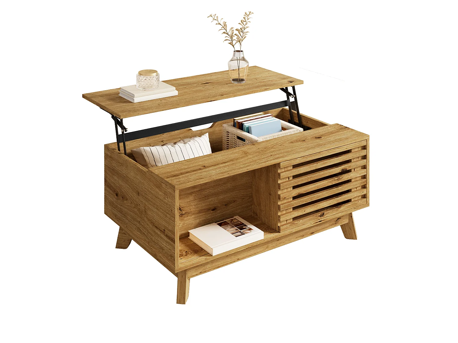 Mesa de Centro Elevable 90x55x57,5cm - Mueble de Salón Multifuncional con Puerta Corrediza de Lamas, Estilo Retro - Marrón