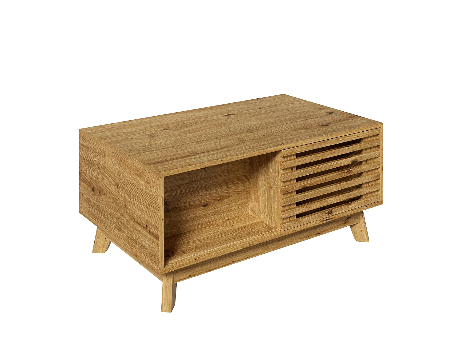 Mesa de Centro Elevable 90x55x57,5cm - Mueble de Salón Multifuncional con Puerta Corrediza de Lamas, Estilo Retro - Marrón