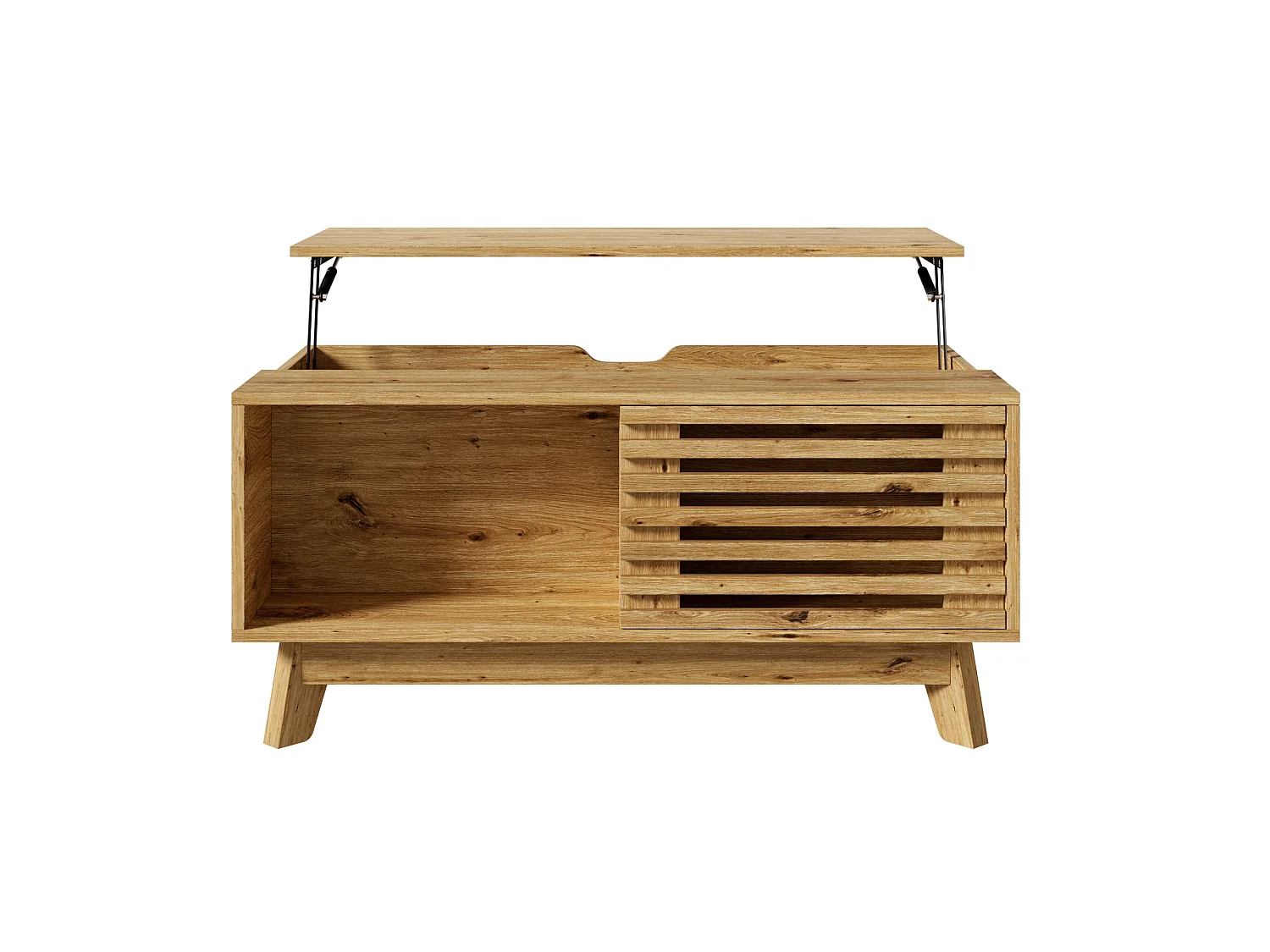 Mesa de Centro Elevable 90x55x57,5cm - Mueble de Salón Multifuncional con Puerta Corrediza de Lamas, Estilo Retro - Marrón