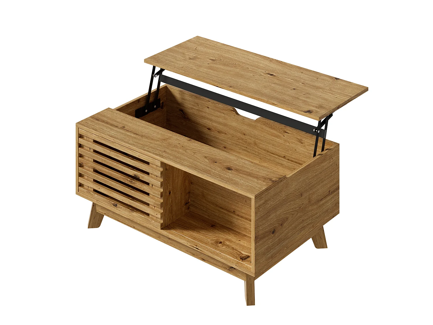 Mesa de Centro Elevable 90x55x57,5cm - Mueble de Salón Multifuncional con Puerta Corrediza de Lamas, Estilo Retro - Marrón