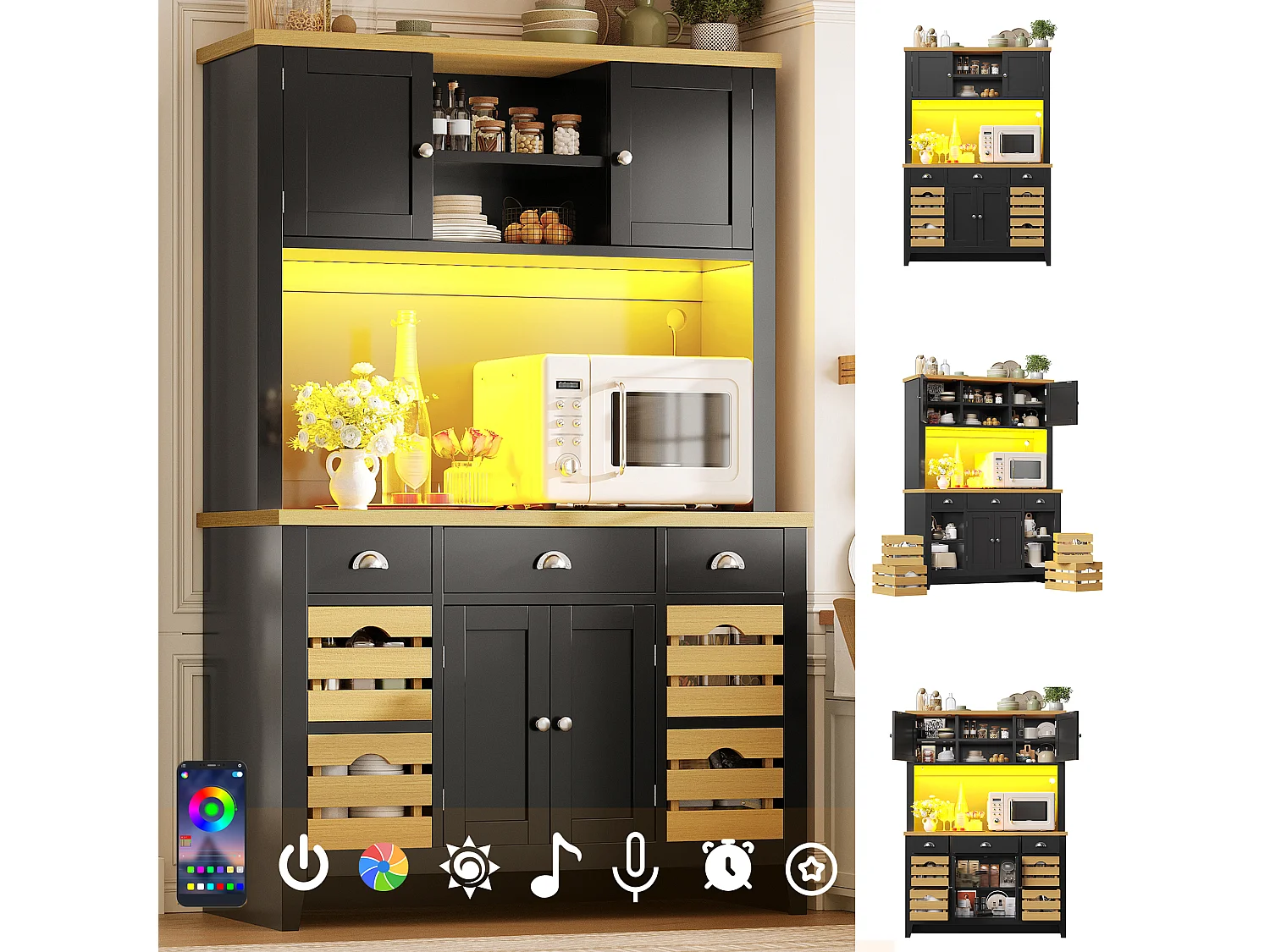 Meuble de Rangement Haut 120cm - Buffet de Cuisine LED RGB avec Plan de Travail Aspect Bois & Paniers, Style Moderne - Noir