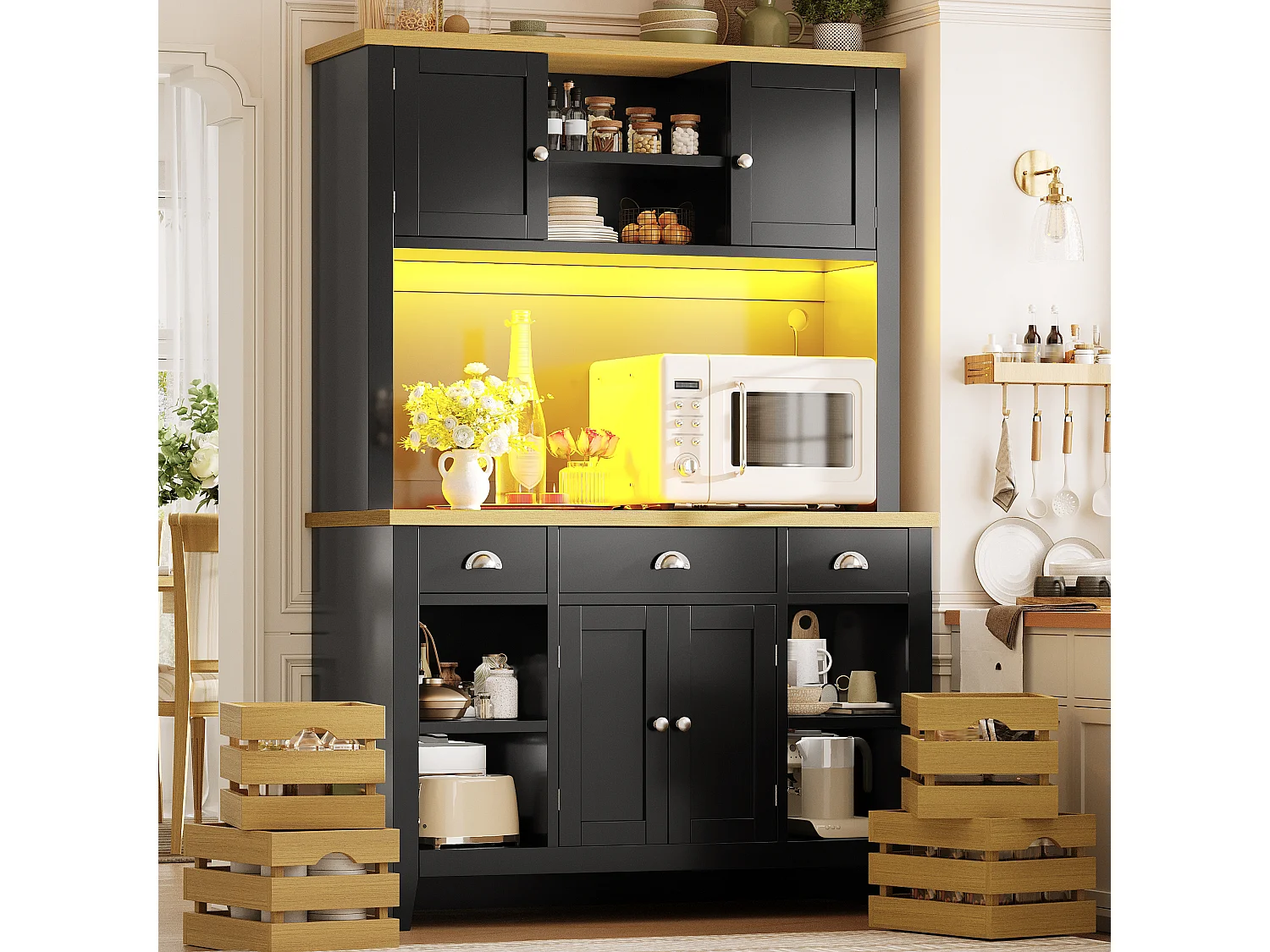 Meuble de Rangement Haut 120cm - Buffet de Cuisine LED RGB avec Plan de Travail Aspect Bois & Paniers, Style Moderne - Noir