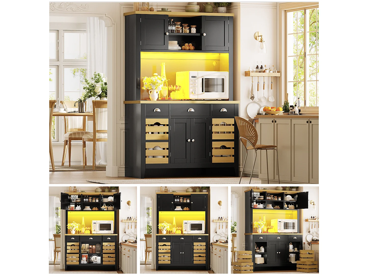 Meuble de Rangement Haut 120cm - Buffet de Cuisine LED RGB avec Plan de Travail Aspect Bois & Paniers, Style Moderne - Noir