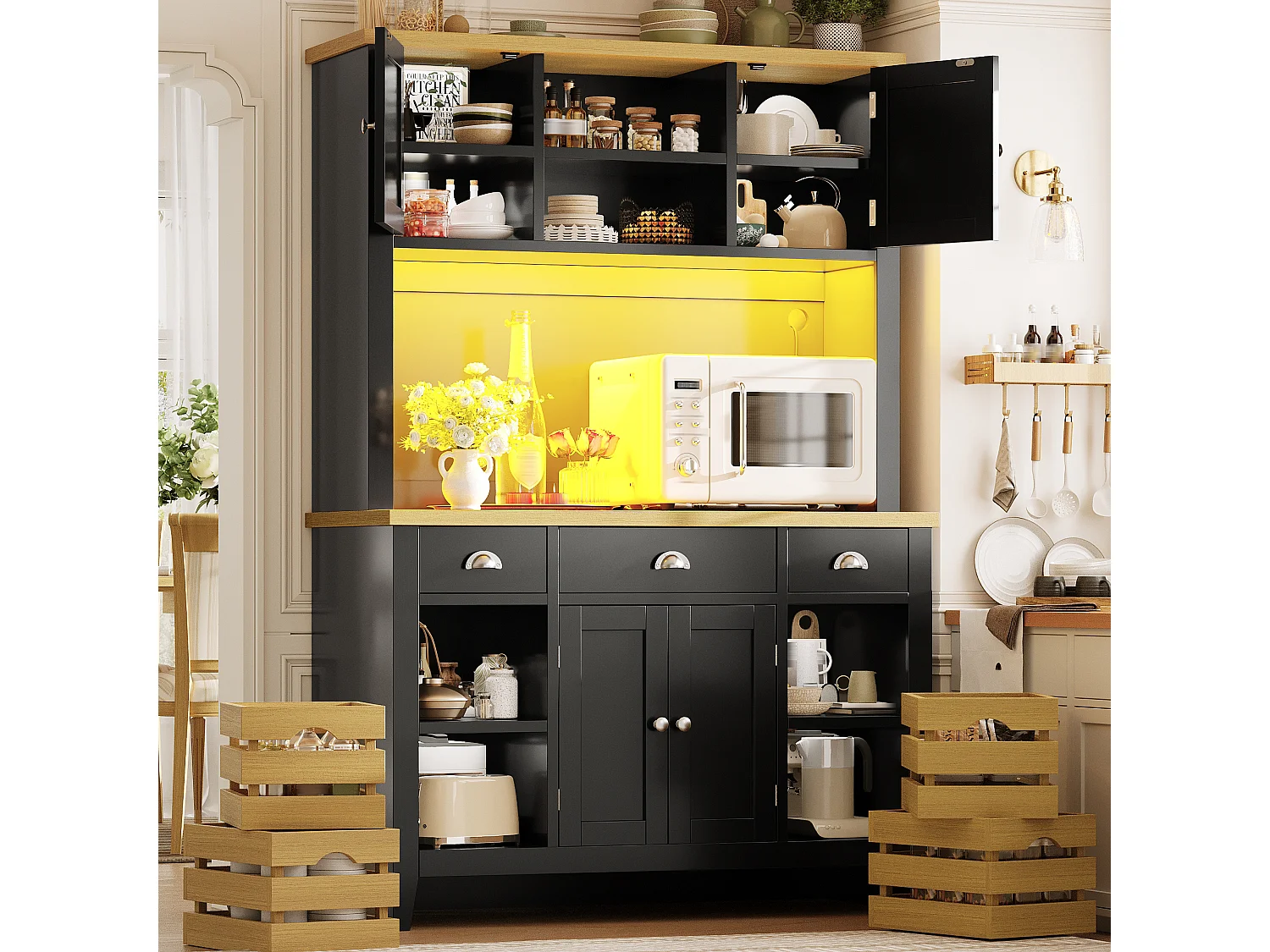 Meuble de Rangement Haut 120cm - Buffet de Cuisine LED RGB avec Plan de Travail Aspect Bois & Paniers, Style Moderne - Noir