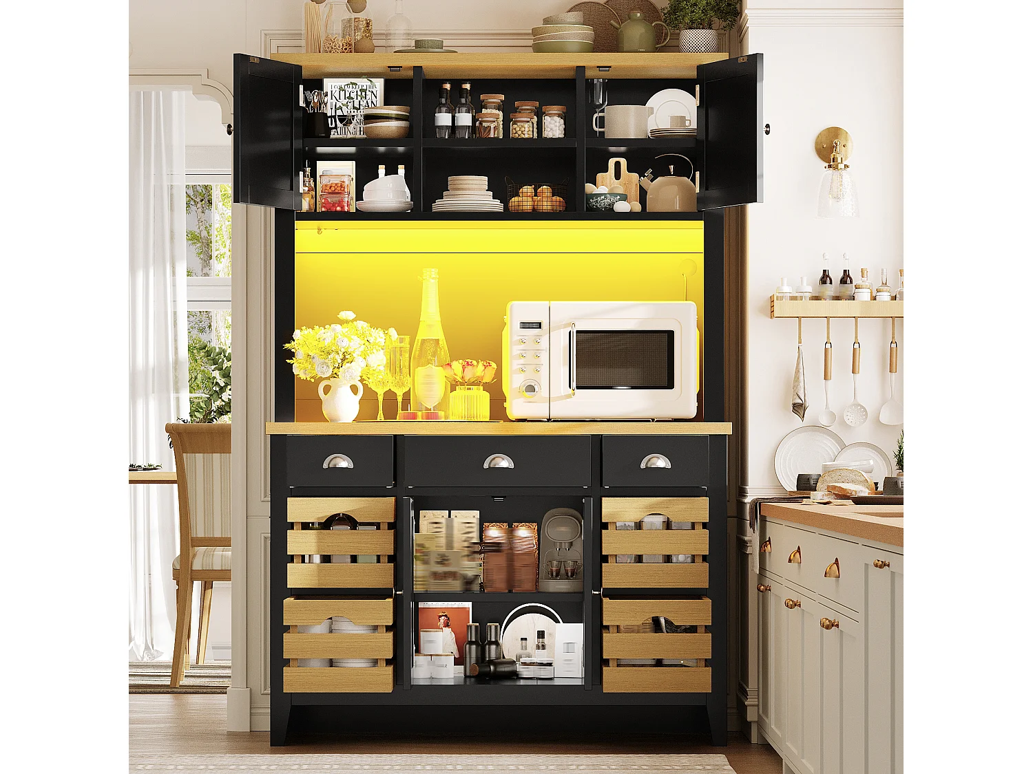 Meuble de Rangement Haut 120cm - Buffet de Cuisine LED RGB avec Plan de Travail Aspect Bois & Paniers, Style Moderne - Noir