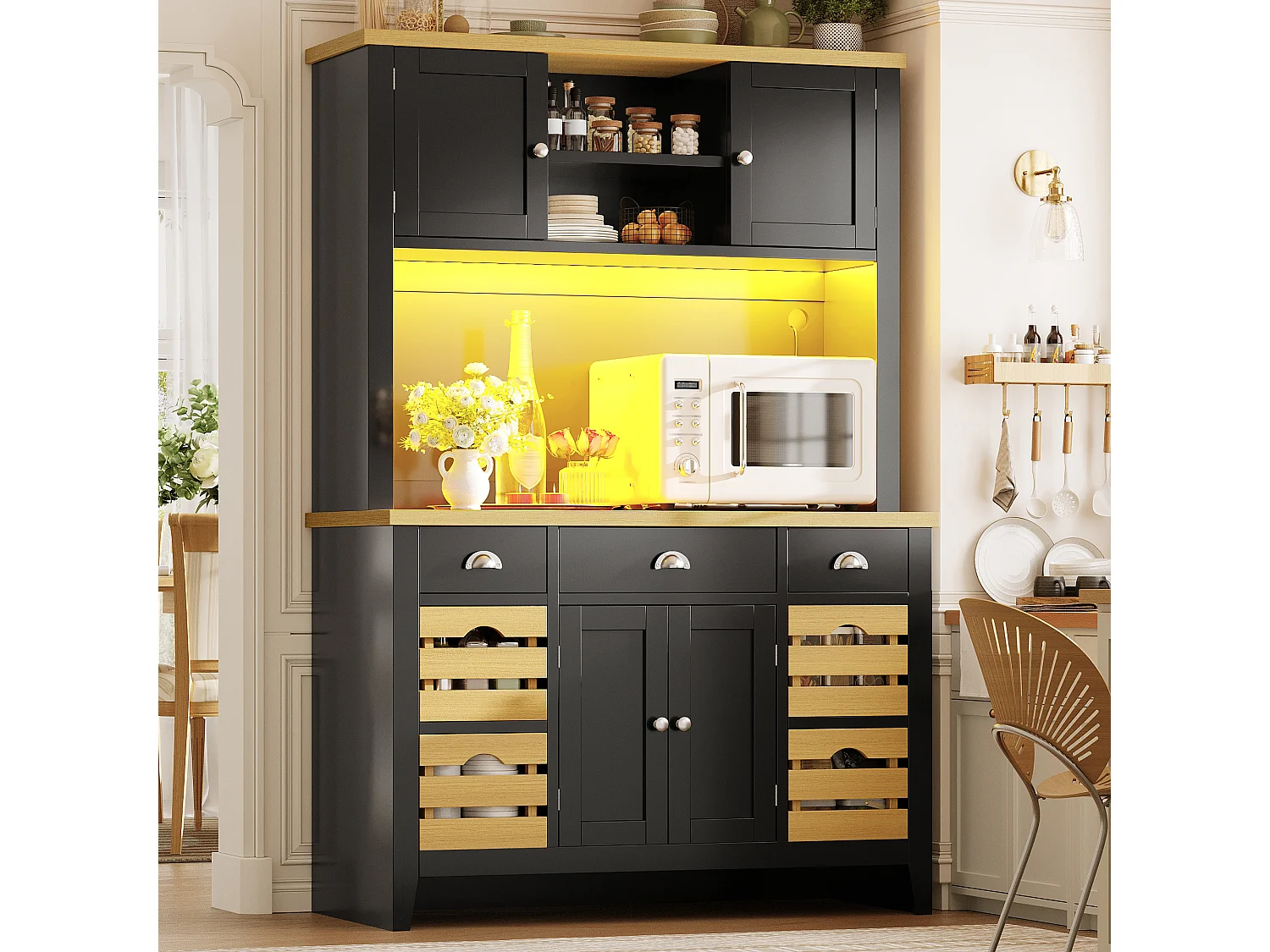 Meuble de Rangement Haut 120cm - Buffet de Cuisine LED RGB avec Plan de Travail Aspect Bois & Paniers, Style Moderne - Noir