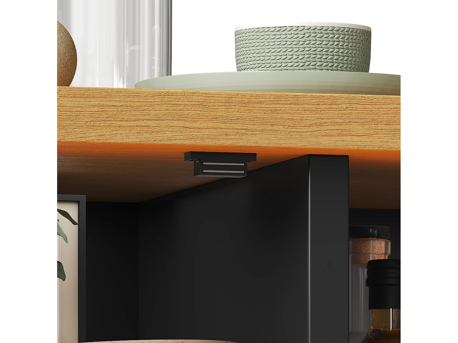Meuble de Rangement Haut 120cm - Buffet de Cuisine LED RGB avec Plan de Travail Aspect Bois & Paniers, Style Moderne - Noir