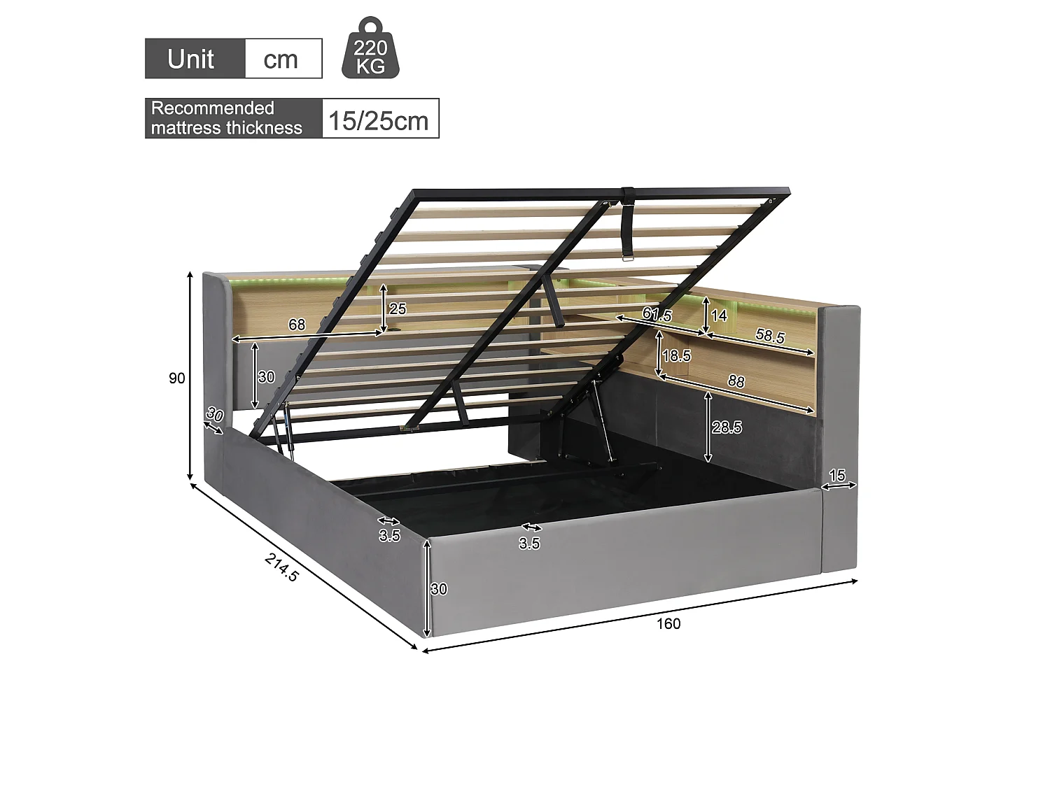 Canapé-lit coffre rembourré 140x190 cm - Avec LED et port USB - Avec compartiments de rangement - Tissu velours - Gris (sans matelas)