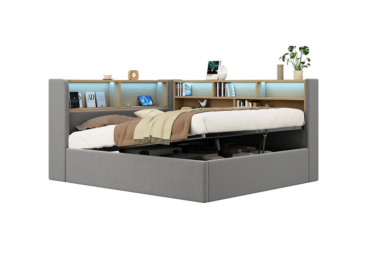 Canapé-lit coffre rembourré 140x190 cm - Avec LED et port USB - Avec compartiments de rangement - Tissu velours - Gris (sans matelas)