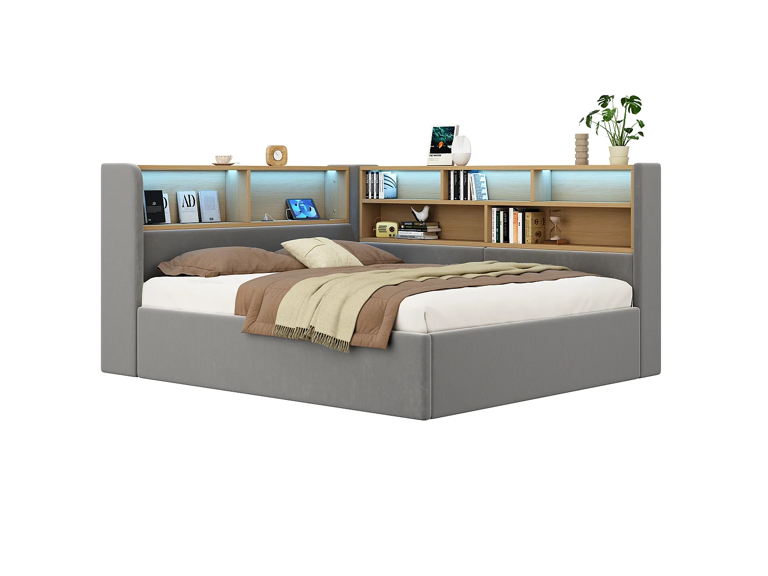 Canapé-lit coffre rembourré 140x190 cm - Avec LED et port USB - Avec compartiments de rangement - Tissu velours - Gris (sans matelas)