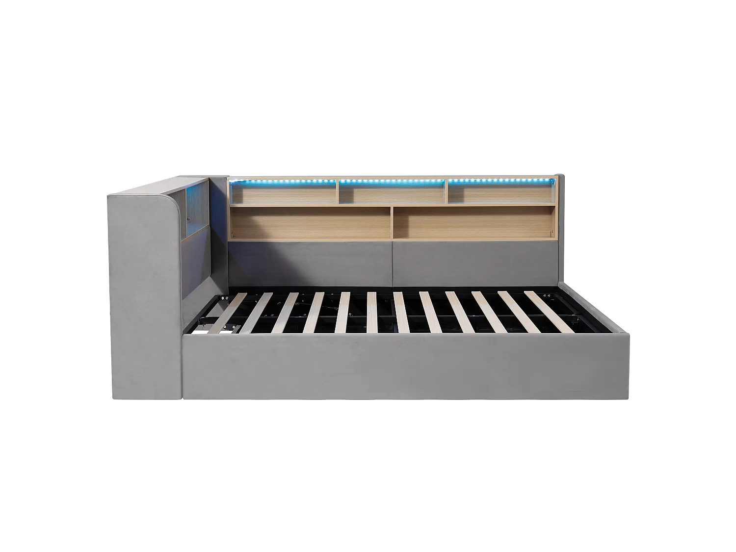 Canapé-lit coffre rembourré 140x190 cm - Avec LED et port USB - Avec compartiments de rangement - Tissu velours - Gris (sans matelas)