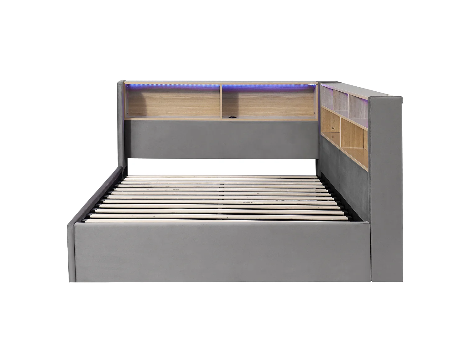 Canapé-lit coffre rembourré 140x190 cm - Avec LED et port USB - Avec compartiments de rangement - Tissu velours - Gris (sans matelas)