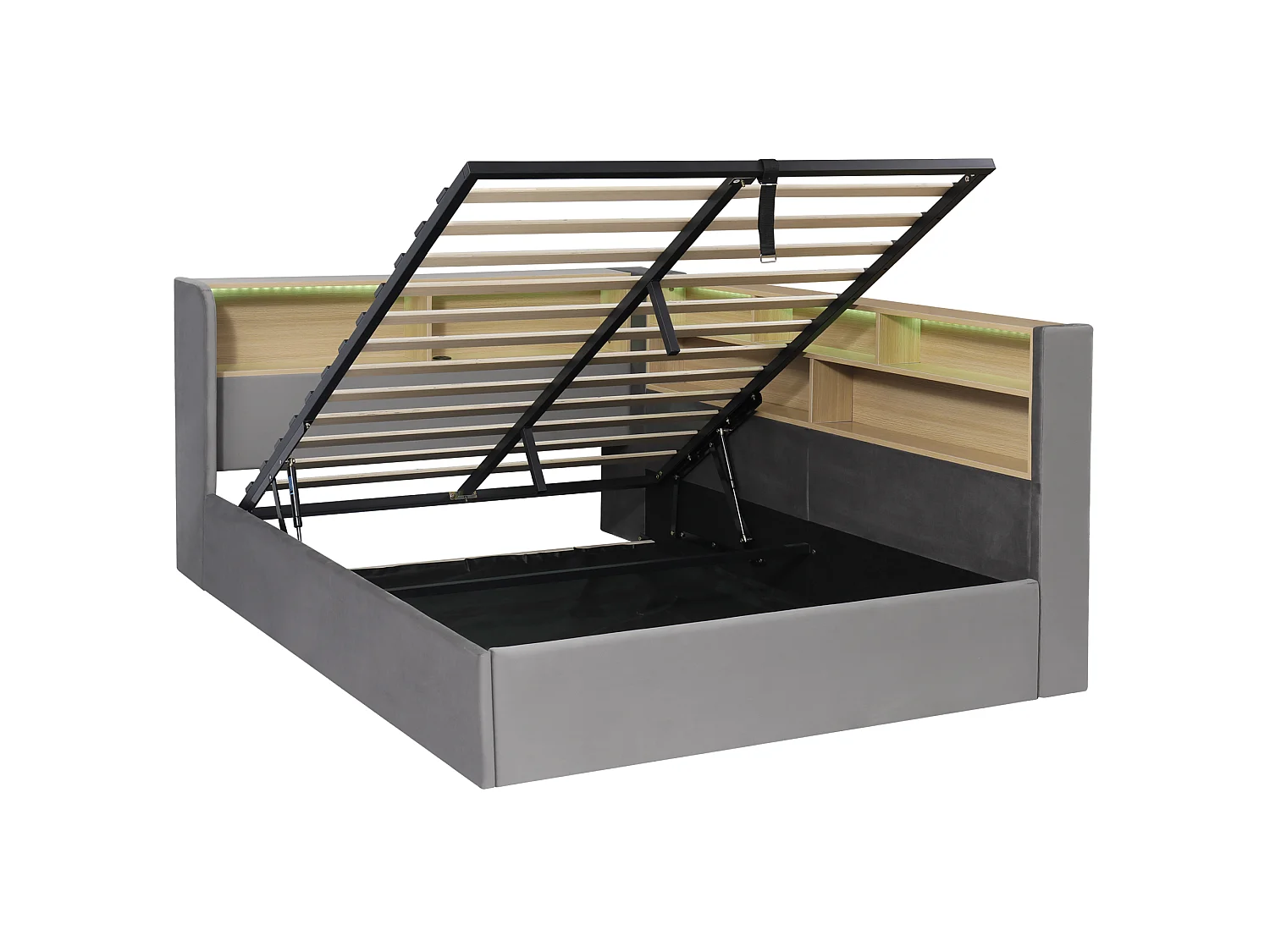 Canapé-lit coffre rembourré 140x190 cm - Avec LED et port USB - Avec compartiments de rangement - Tissu velours - Gris (sans matelas)