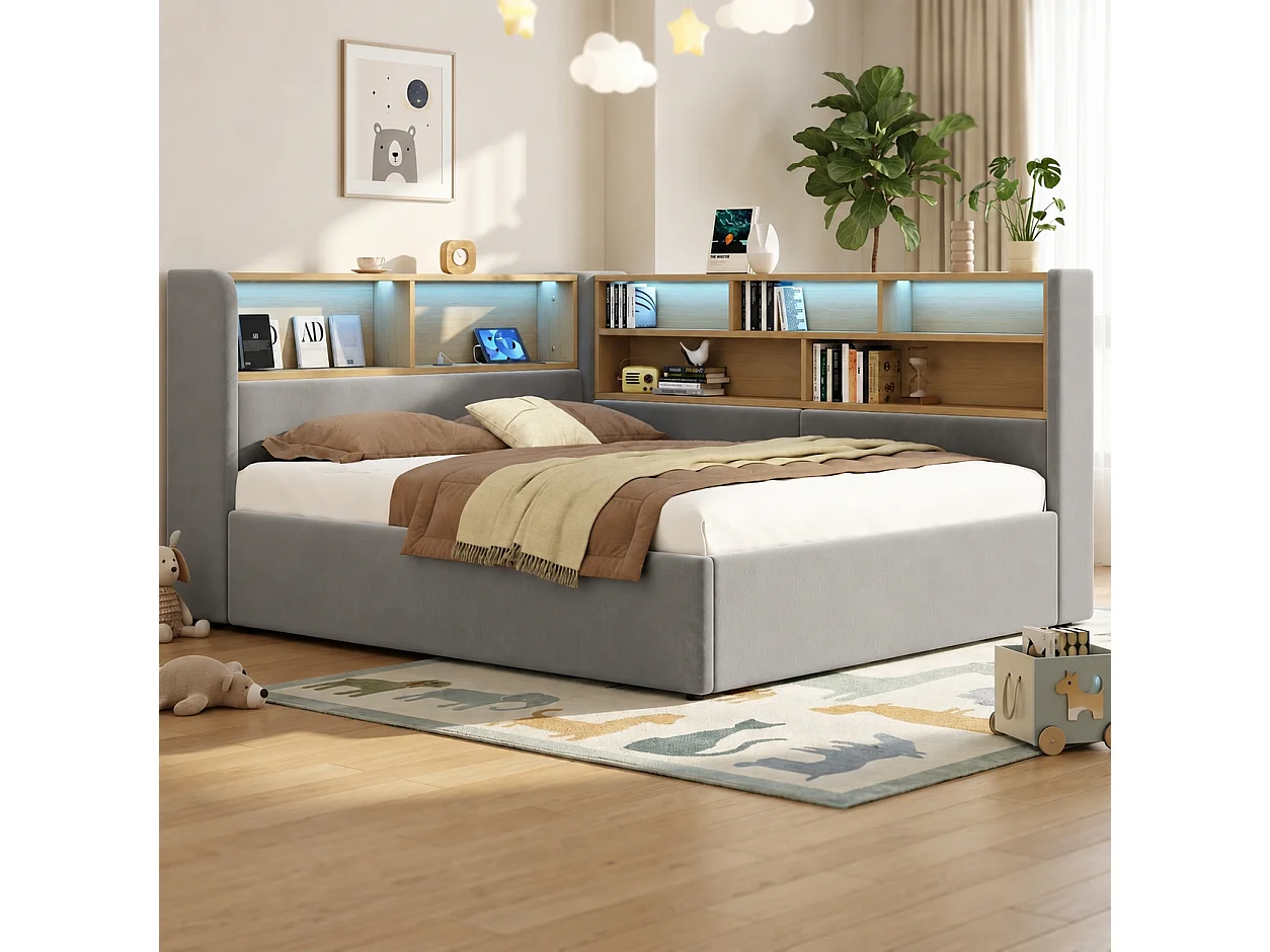Canapé-lit coffre rembourré 140x190 cm - Avec LED et port USB - Avec compartiments de rangement - Tissu velours - Gris (sans matelas)