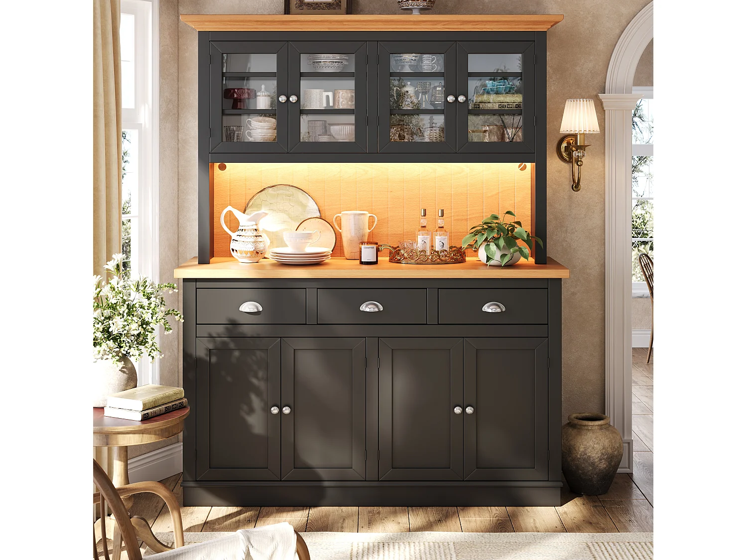 Meuble de Rangement Haut 140cm - Buffet de Cuisine Vitrine avec LED RGB, Portes Soft-Close & Étagères Réglables, Style Moderne - Noir