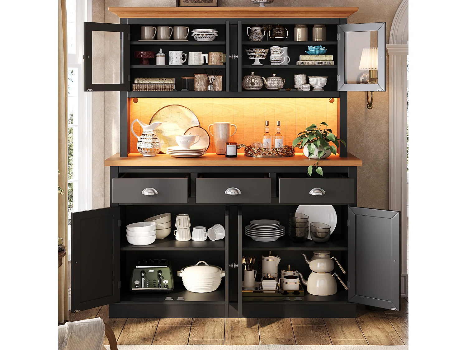 Meuble de Rangement Haut 140cm - Buffet de Cuisine Vitrine avec LED RGB, Portes Soft-Close & Étagères Réglables, Style Moderne - Noir