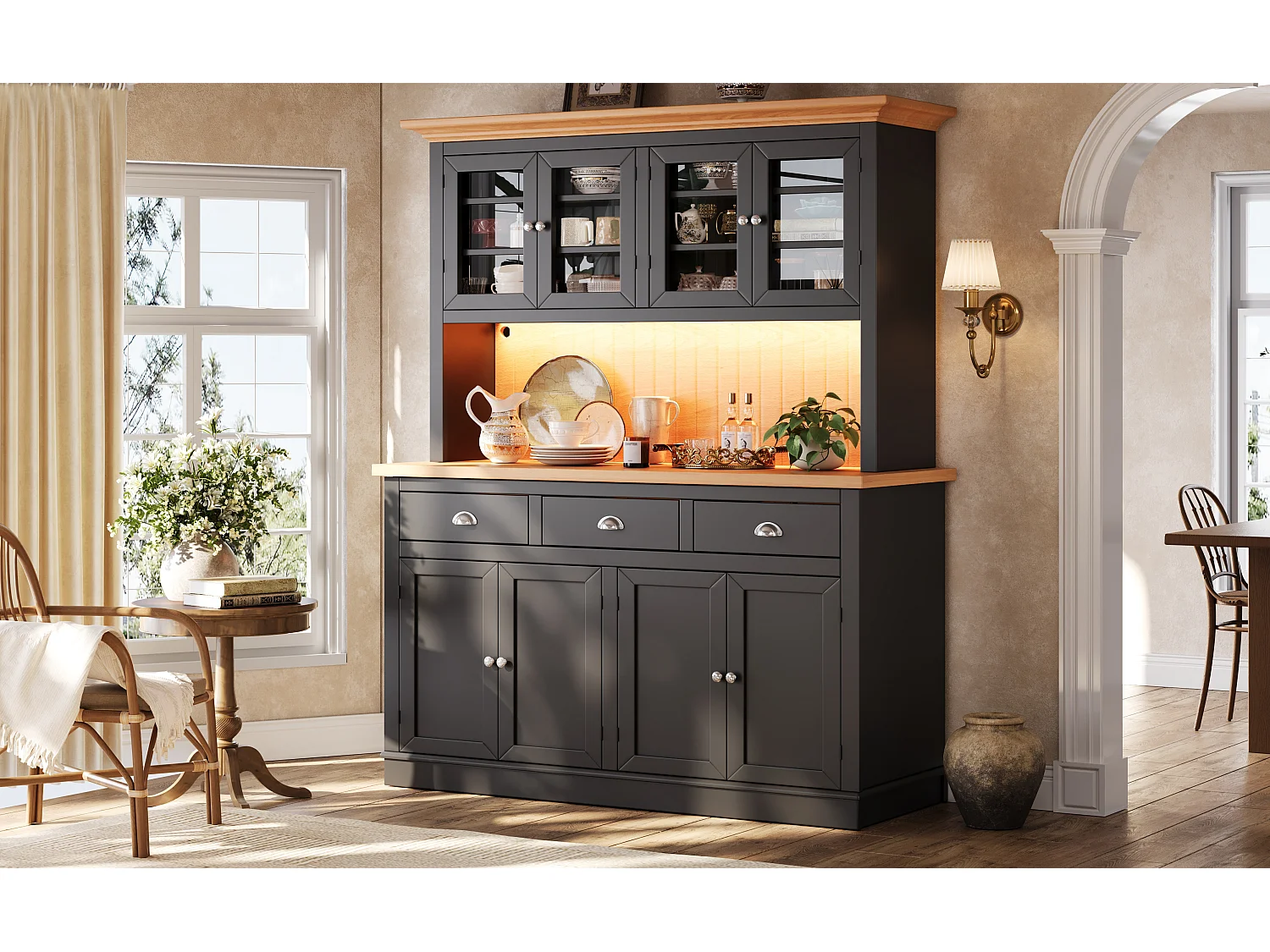 Meuble de Rangement Haut 140cm - Buffet de Cuisine Vitrine avec LED RGB, Portes Soft-Close & Étagères Réglables, Style Moderne - Noir