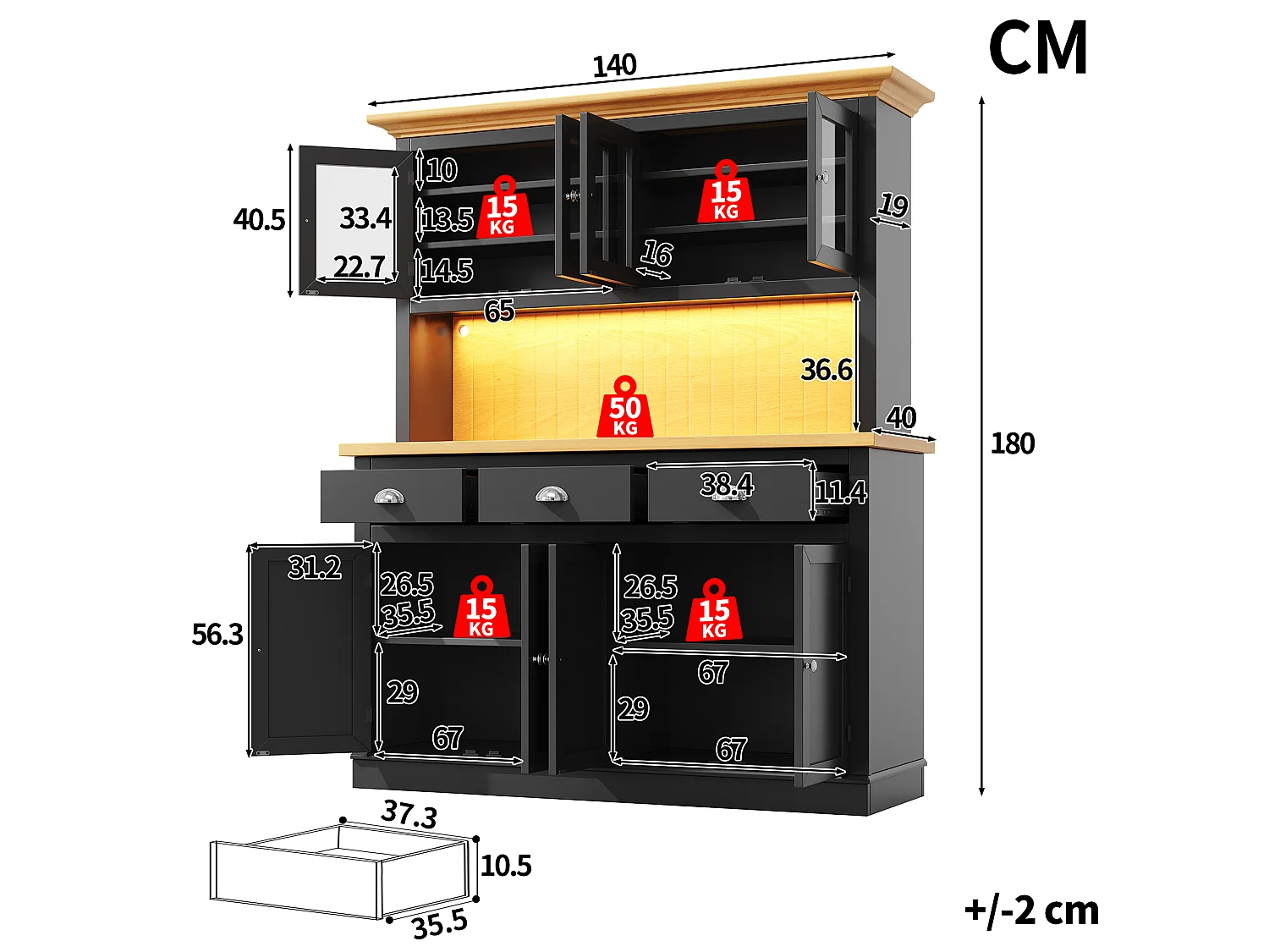 Meuble de Rangement Haut 140cm - Buffet de Cuisine Vitrine avec LED RGB, Portes Soft-Close & Étagères Réglables, Style Moderne - Noir