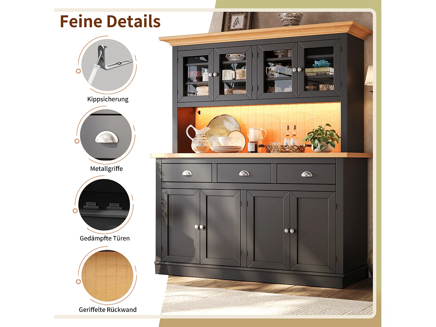 Meuble de Rangement Haut 140cm - Buffet de Cuisine Vitrine avec LED RGB, Portes Soft-Close & Étagères Réglables, Style Moderne - Noir