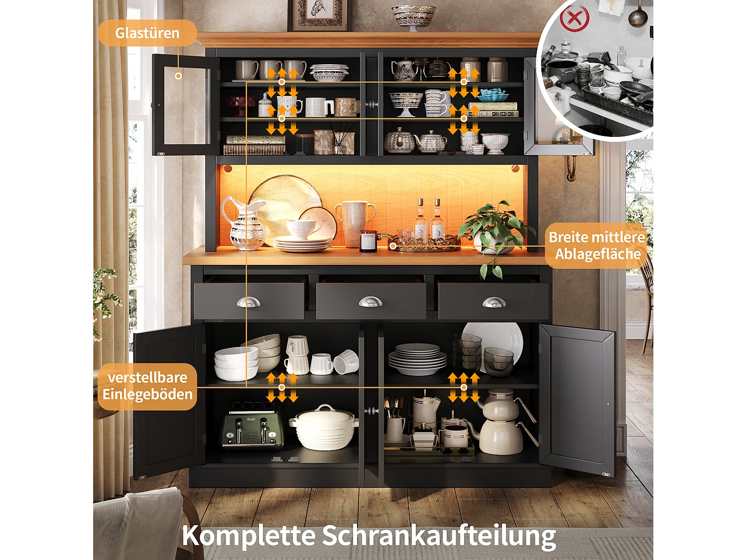 Meuble de Rangement Haut 140cm - Buffet de Cuisine Vitrine avec LED RGB, Portes Soft-Close & Étagères Réglables, Style Moderne - Noir