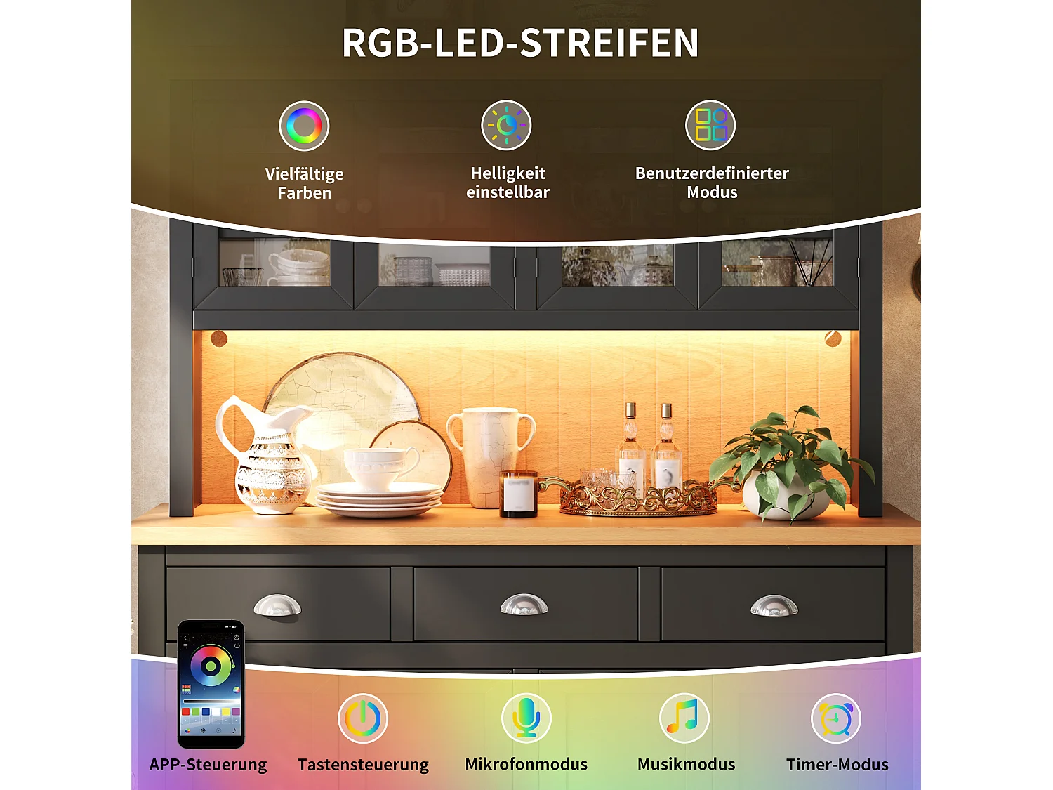 Meuble de Rangement Haut 140cm - Buffet de Cuisine Vitrine avec LED RGB, Portes Soft-Close & Étagères Réglables, Style Moderne - Noir