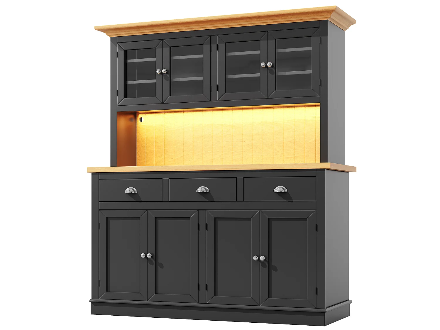 Meuble de Rangement Haut 140cm - Buffet de Cuisine Vitrine avec LED RGB, Portes Soft-Close & Étagères Réglables, Style Moderne - Noir
