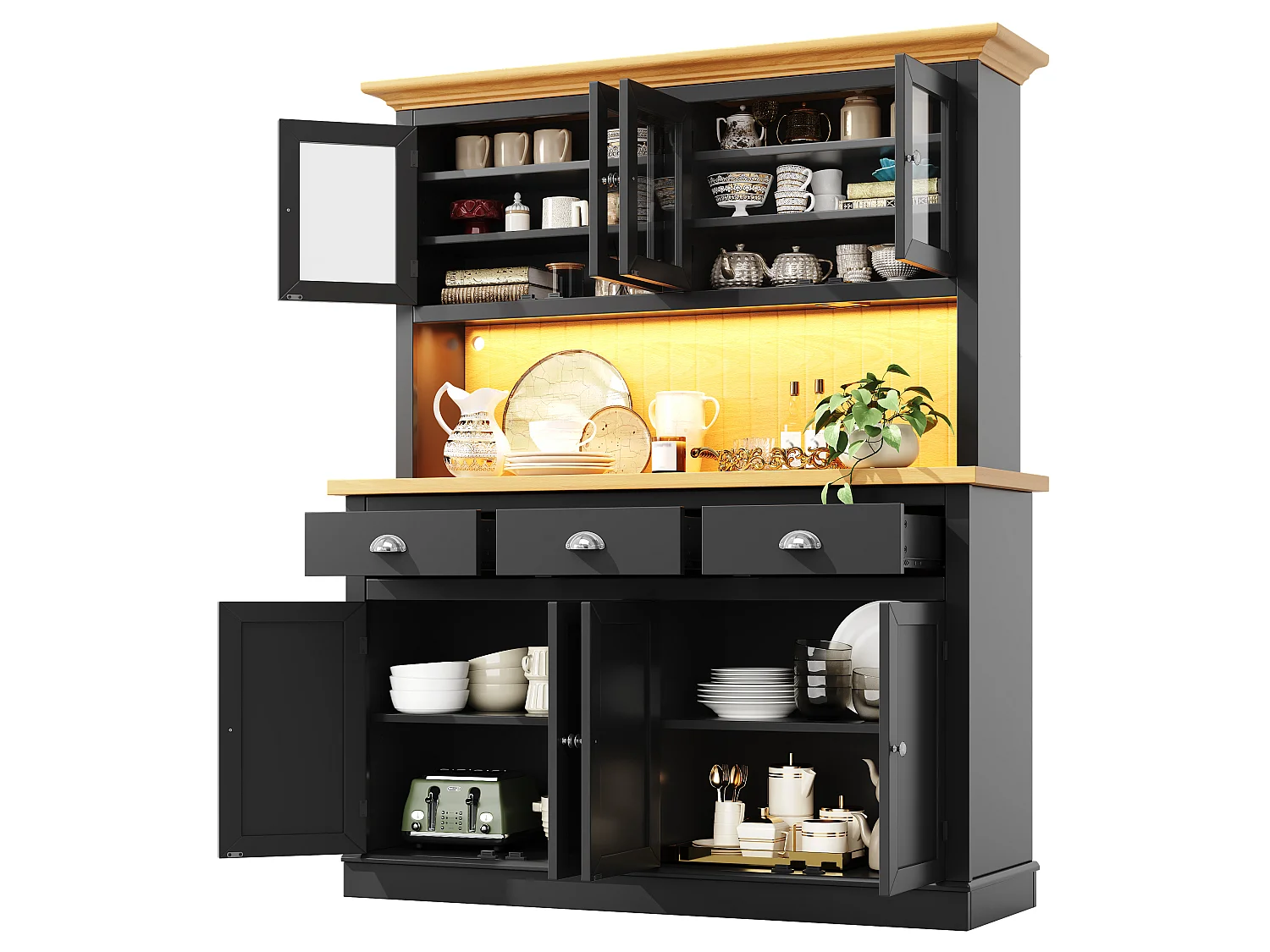 Meuble de Rangement Haut 140cm - Buffet de Cuisine Vitrine avec LED RGB, Portes Soft-Close & Étagères Réglables, Style Moderne - Noir