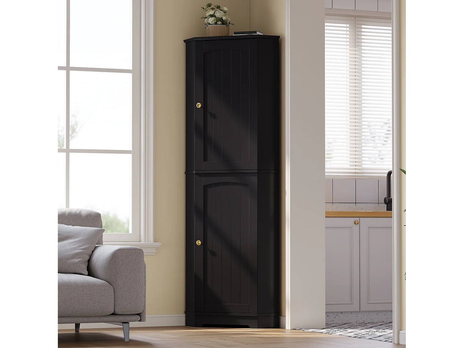 Hörnskåp för kök 42x42x166cm - med 2 dörrar - med justerbar hylla - Svart