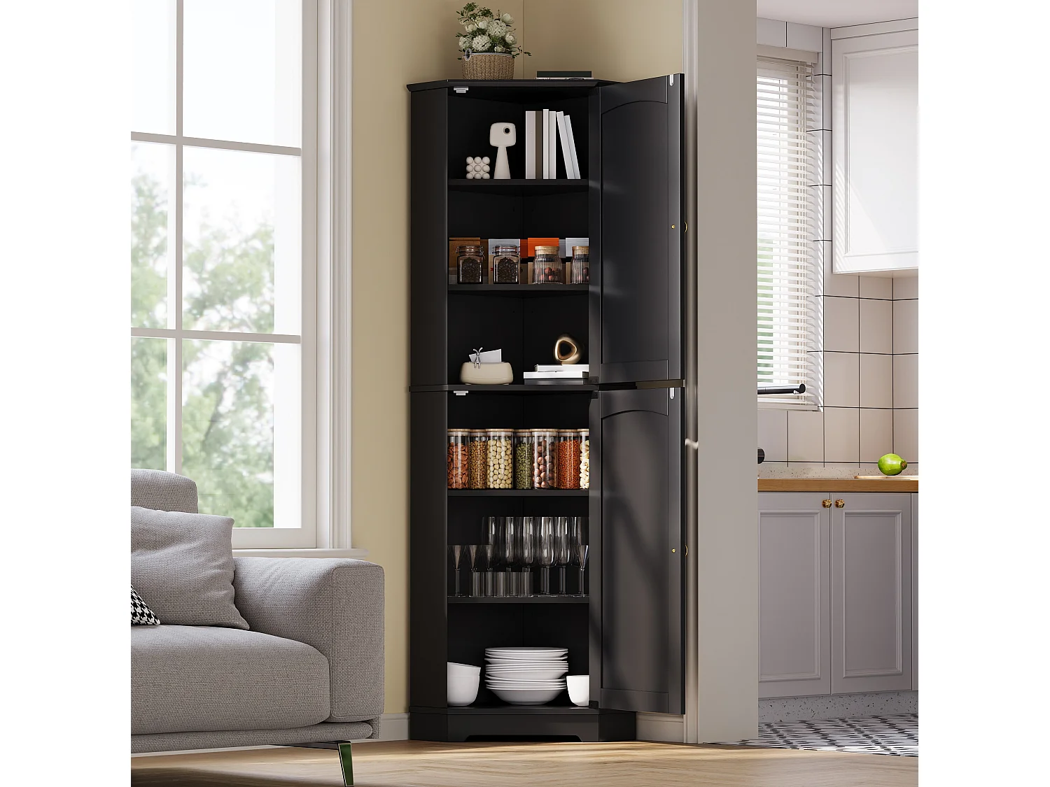 Hörnskåp för kök 42x42x166cm - med 2 dörrar - med justerbar hylla - Svart