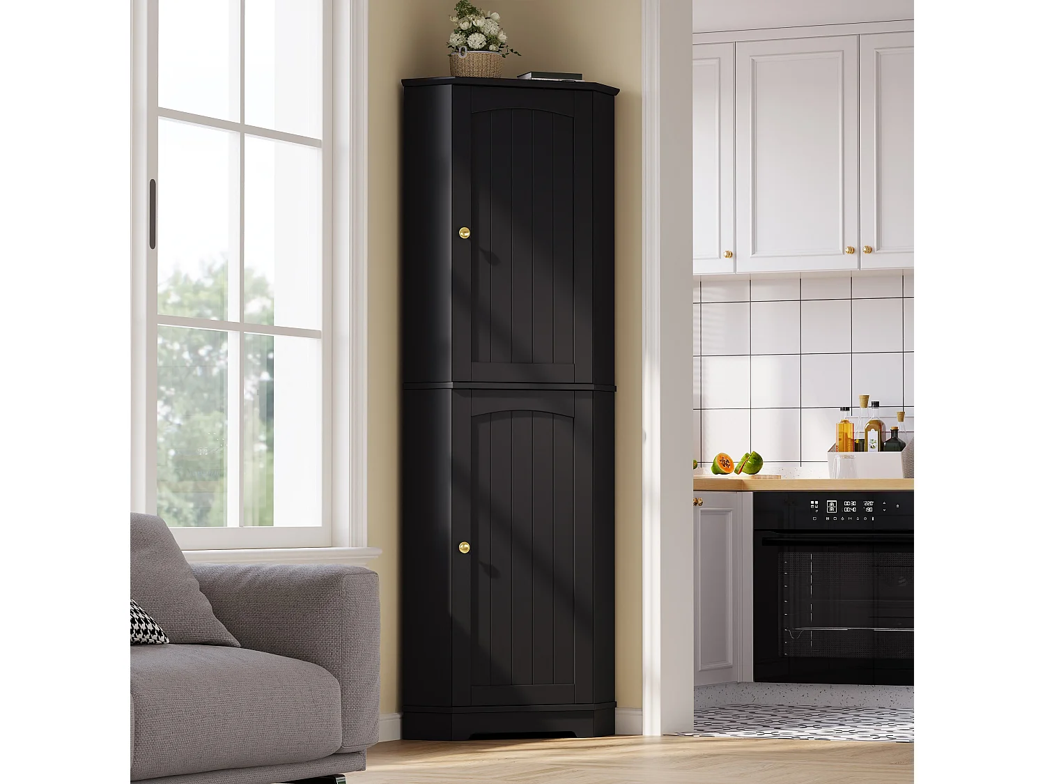 Hörnskåp för kök 42x42x166cm - med 2 dörrar - med justerbar hylla - Svart
