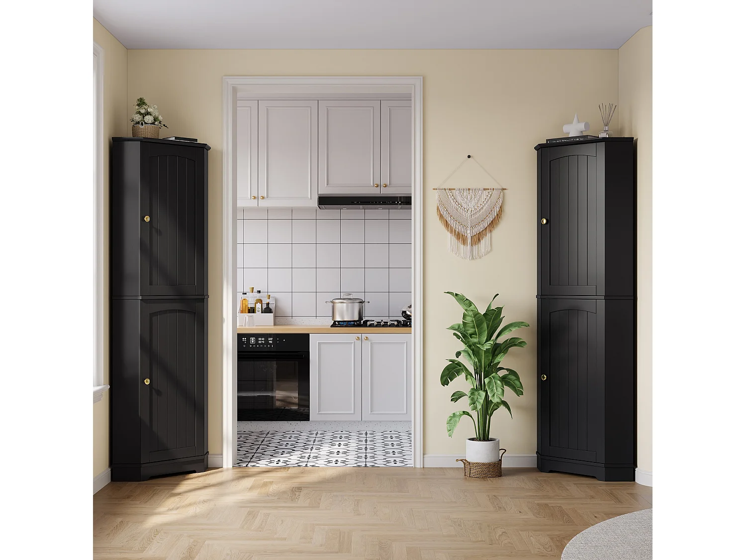 Hörnskåp för kök 42x42x166cm - med 2 dörrar - med justerbar hylla - Svart