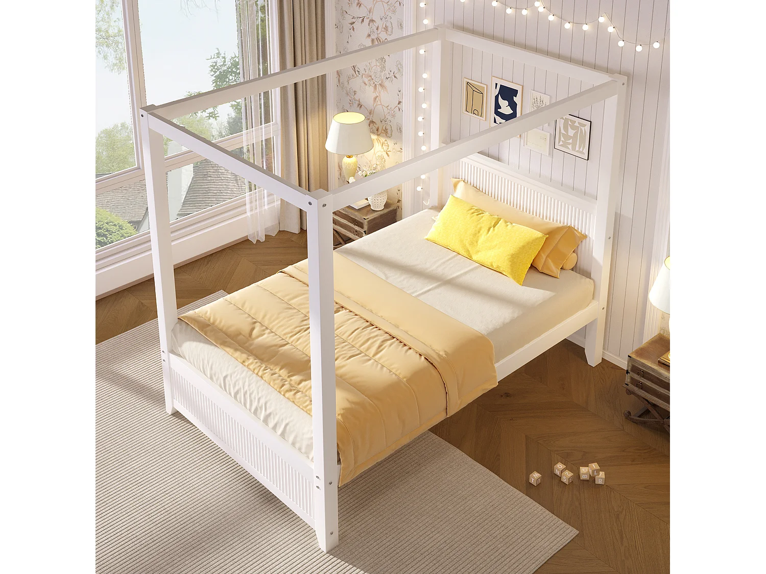 Wooden Canopy Bed 90 x 200 cm - Without Bed Curtains - Vertical Grooves - MDF and Pine Wood - White (Mattress Not Included)