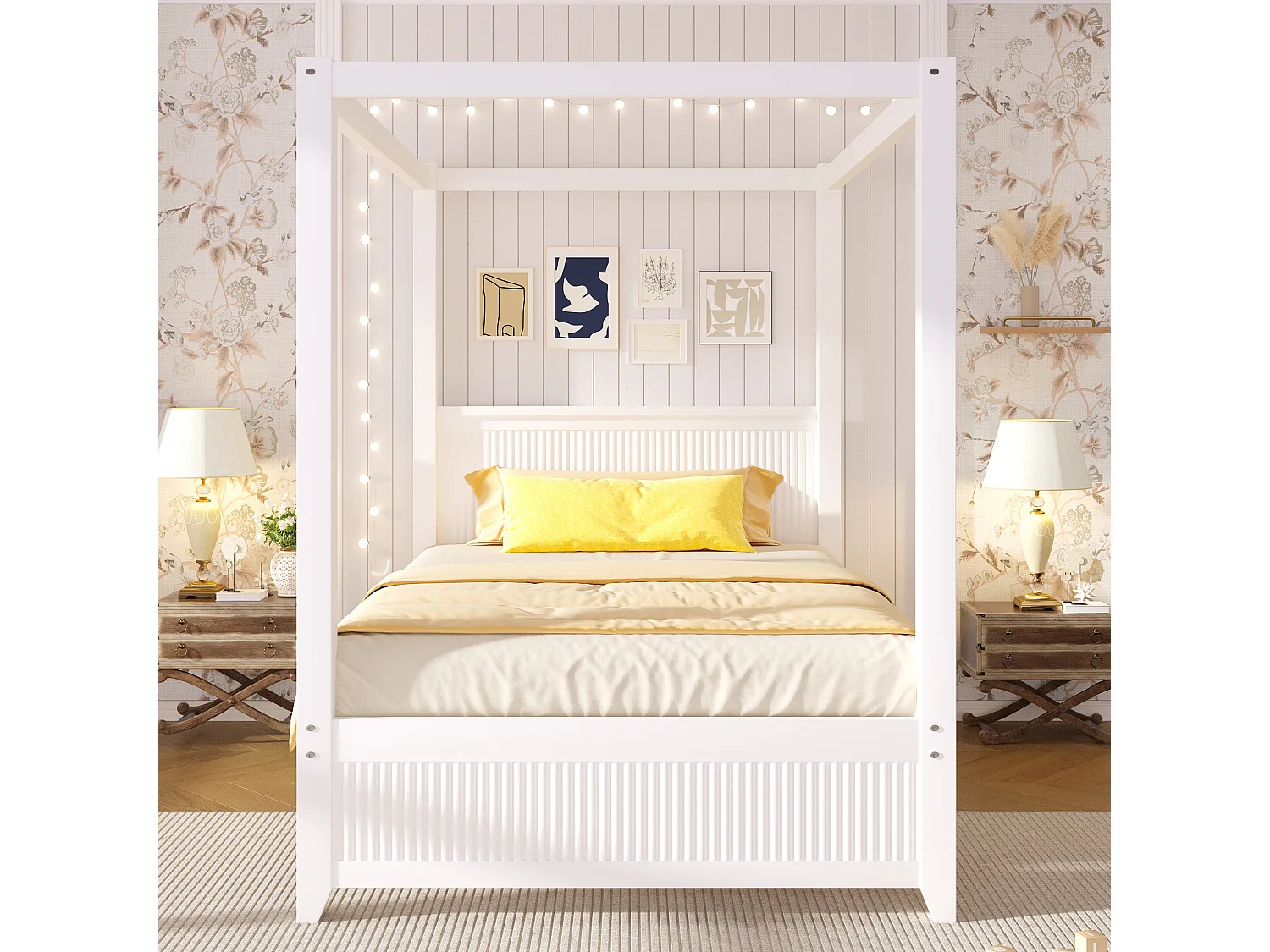 Wooden Canopy Bed 90 x 200 cm - Without Bed Curtains - Vertical Grooves - MDF and Pine Wood - White (Mattress Not Included)