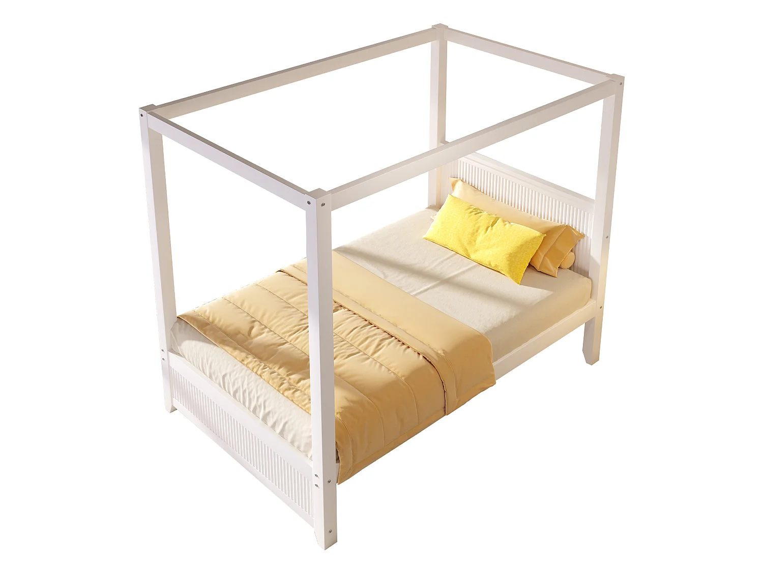 Wooden Canopy Bed 90 x 200 cm - Without Bed Curtains - Vertical Grooves - MDF and Pine Wood - White (Mattress Not Included)