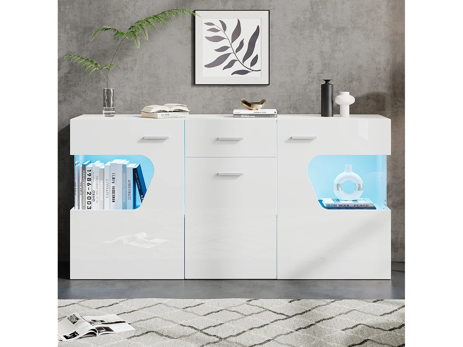 Buffet de salon 140 x 33 x 70 cm - Éclairage LED - 3 portes et 1 tiroir - Finition brillante - Vitrage acrylique - MDF - Blanc