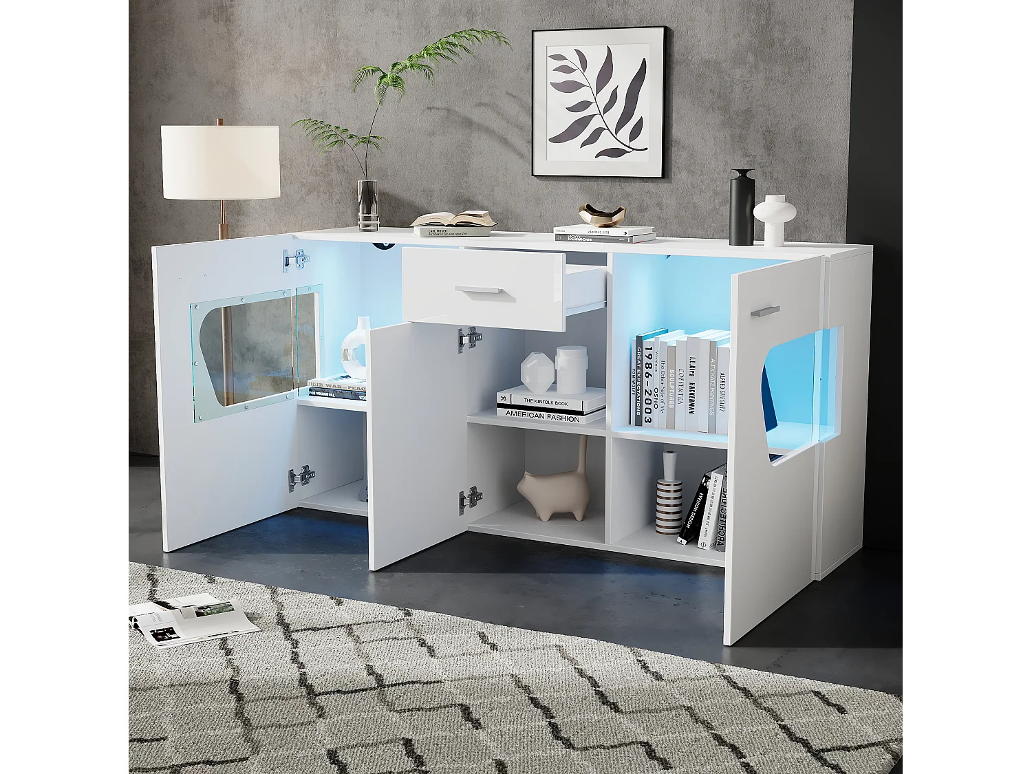 Buffet de salon 140 x 33 x 70 cm - Éclairage LED - 3 portes et 1 tiroir - Finition brillante - Vitrage acrylique - MDF - Blanc