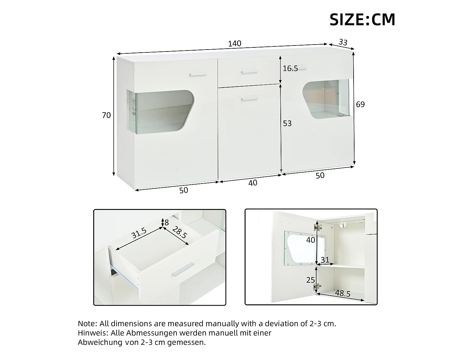 Buffet de salon 140 x 33 x 70 cm - Éclairage LED - 3 portes et 1 tiroir - Finition brillante - Vitrage acrylique - MDF - Blanc