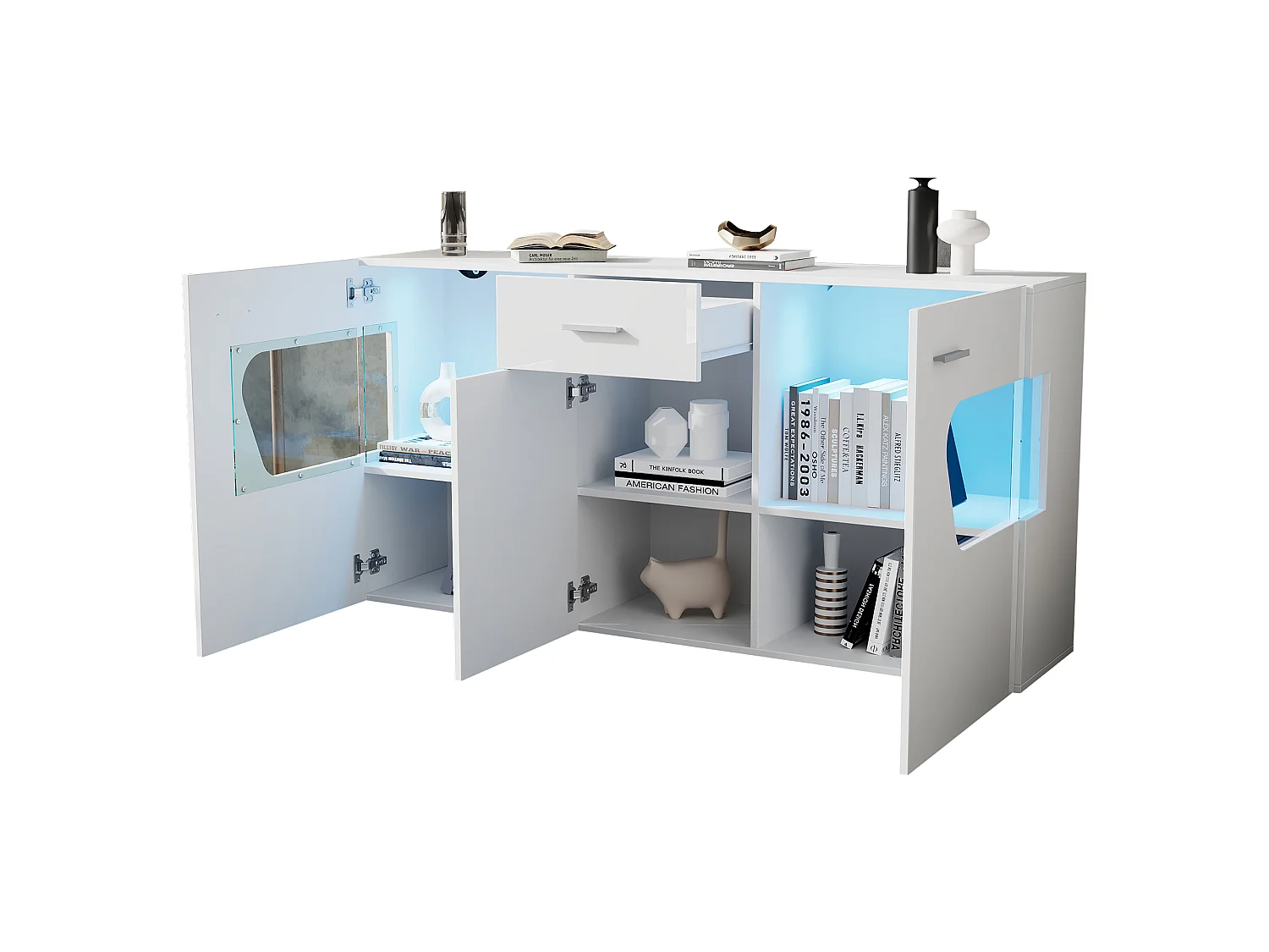 Buffet de salon 140 x 33 x 70 cm - Éclairage LED - 3 portes et 1 tiroir - Finition brillante - Vitrage acrylique - MDF - Blanc