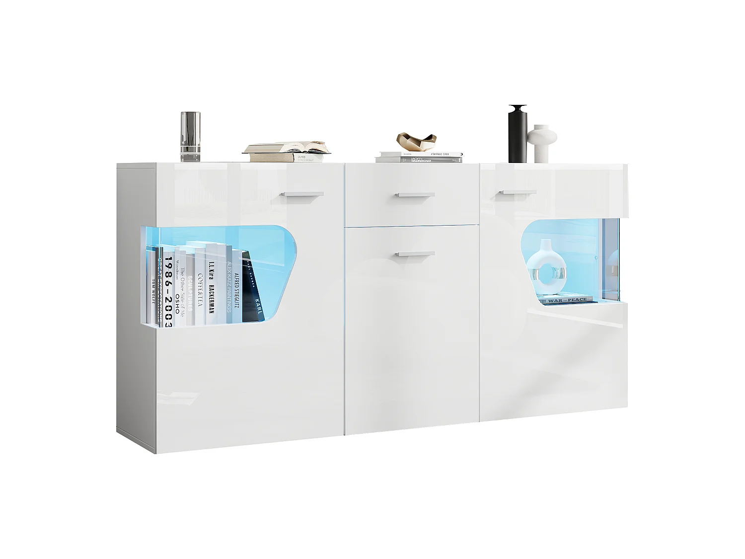 Buffet de salon 140 x 33 x 70 cm - Éclairage LED - 3 portes et 1 tiroir - Finition brillante - Vitrage acrylique - MDF - Blanc