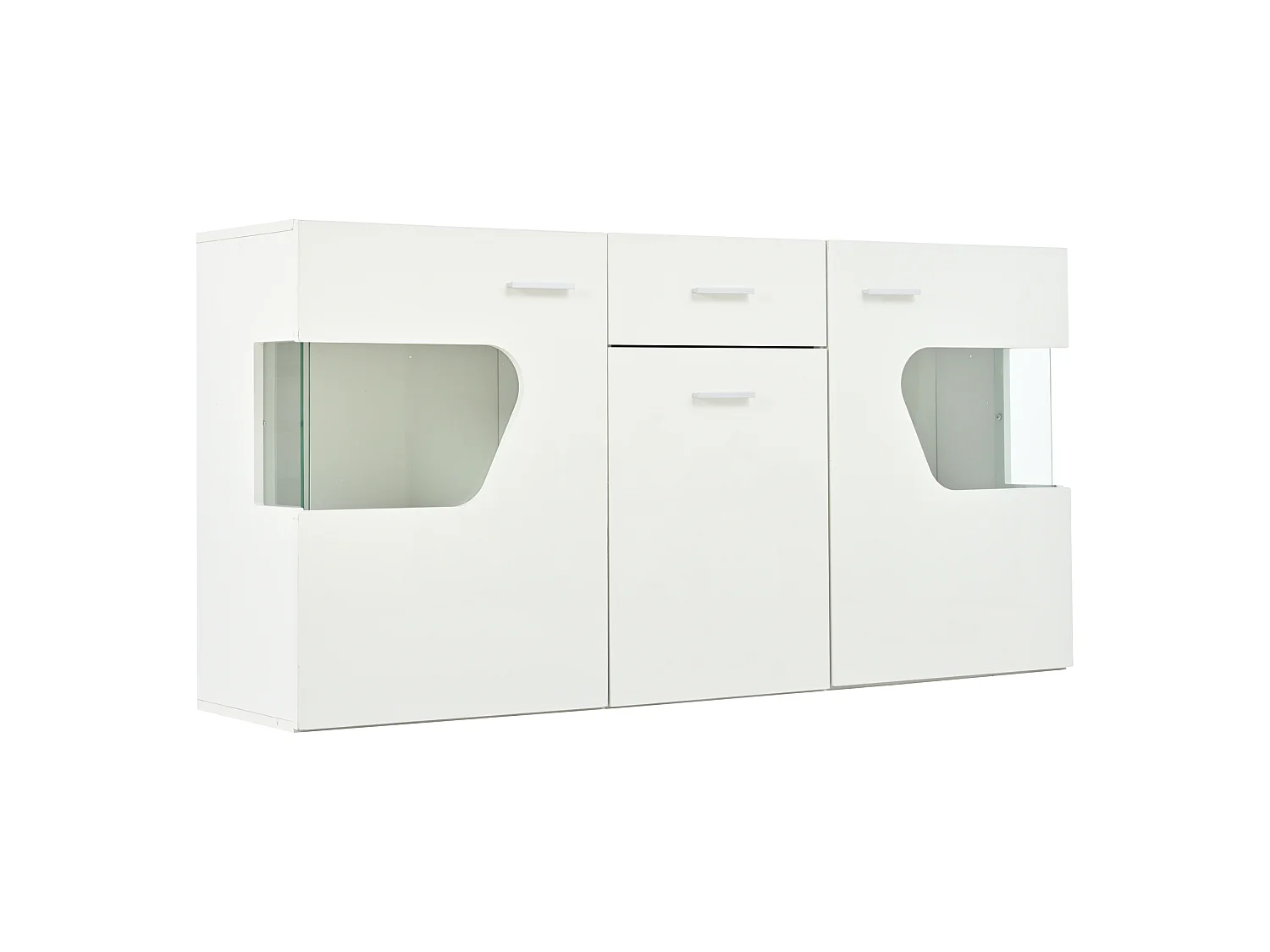 Buffet de salon 140 x 33 x 70 cm - Éclairage LED - 3 portes et 1 tiroir - Finition brillante - Vitrage acrylique - MDF - Blanc