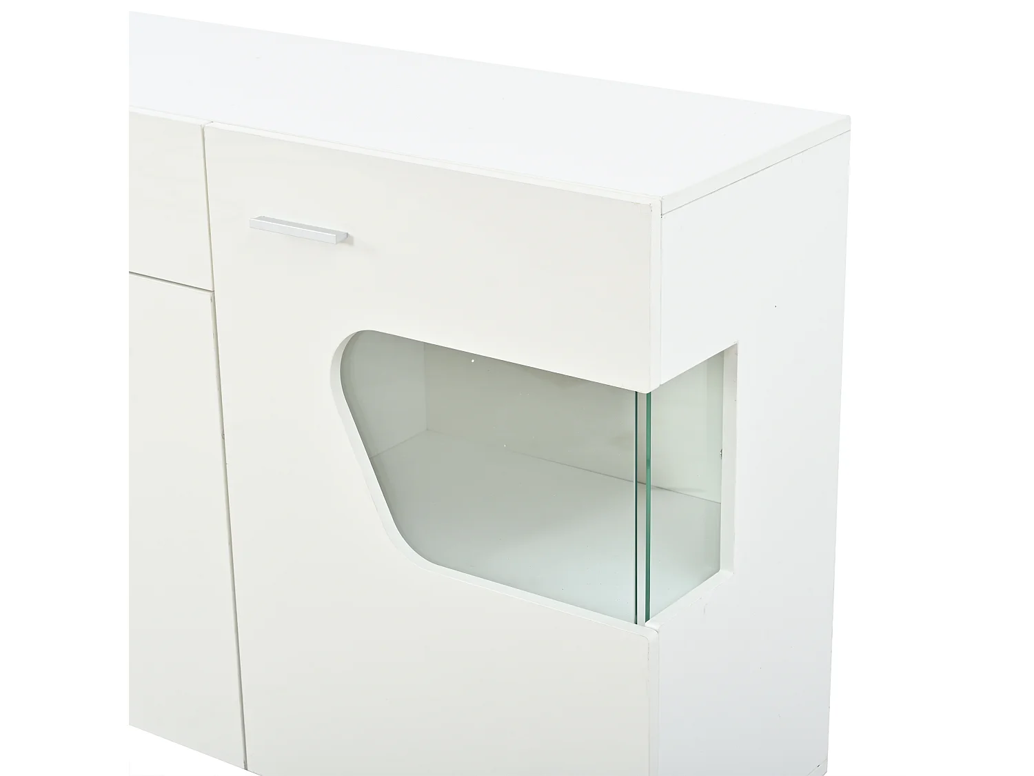 Buffet de salon 140 x 33 x 70 cm - Éclairage LED - 3 portes et 1 tiroir - Finition brillante - Vitrage acrylique - MDF - Blanc