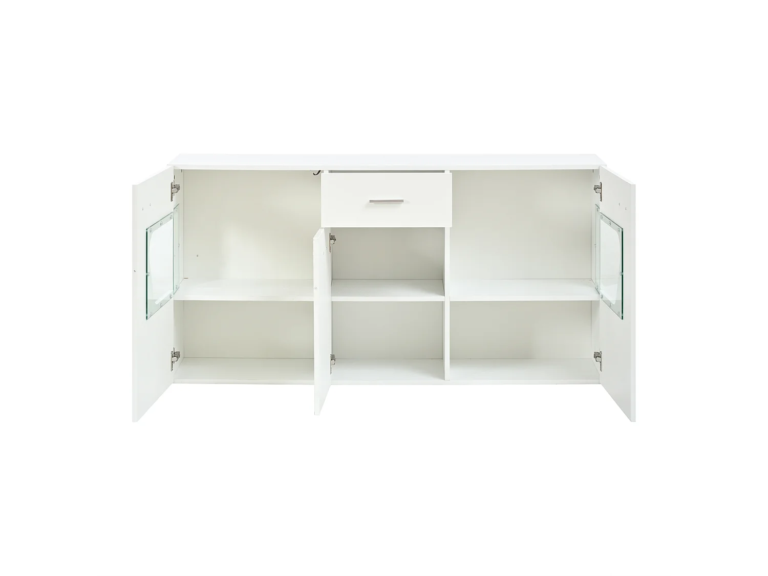 Buffet de salon 140 x 33 x 70 cm - Éclairage LED - 3 portes et 1 tiroir - Finition brillante - Vitrage acrylique - MDF - Blanc