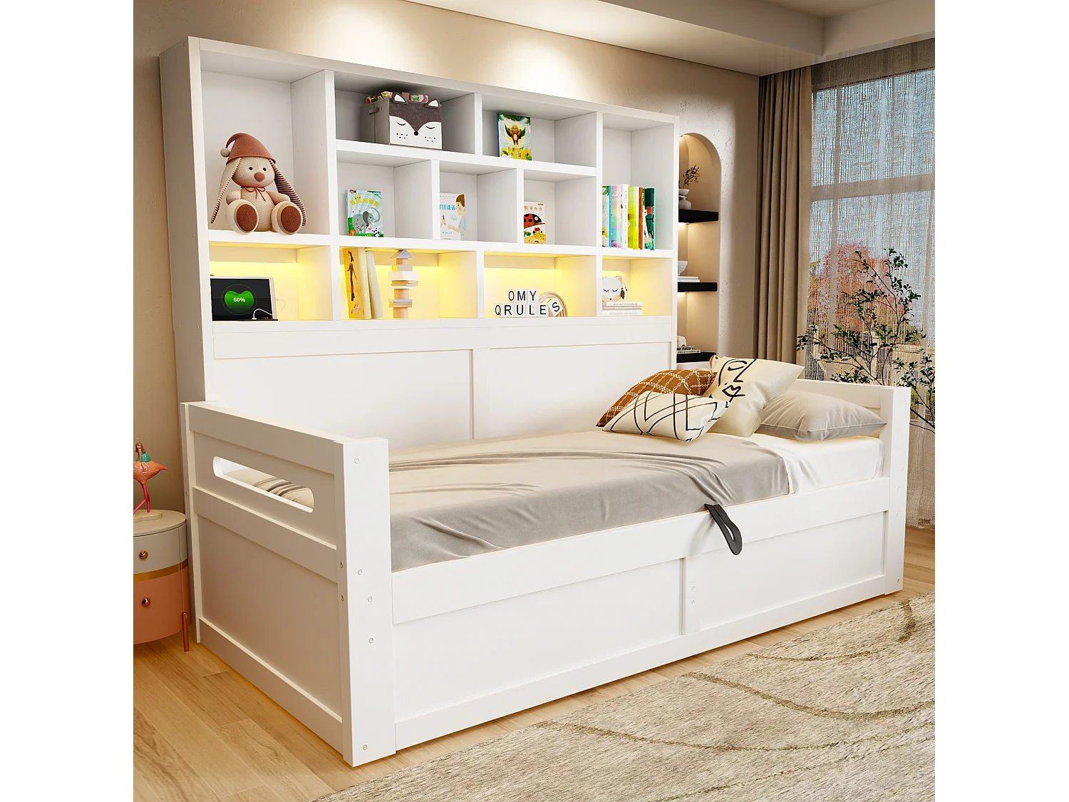 Canapé-lit coffre en bois 90 x 200 cm - avec lumière LED - avec prise électrique - blanc (matelas non inclus)