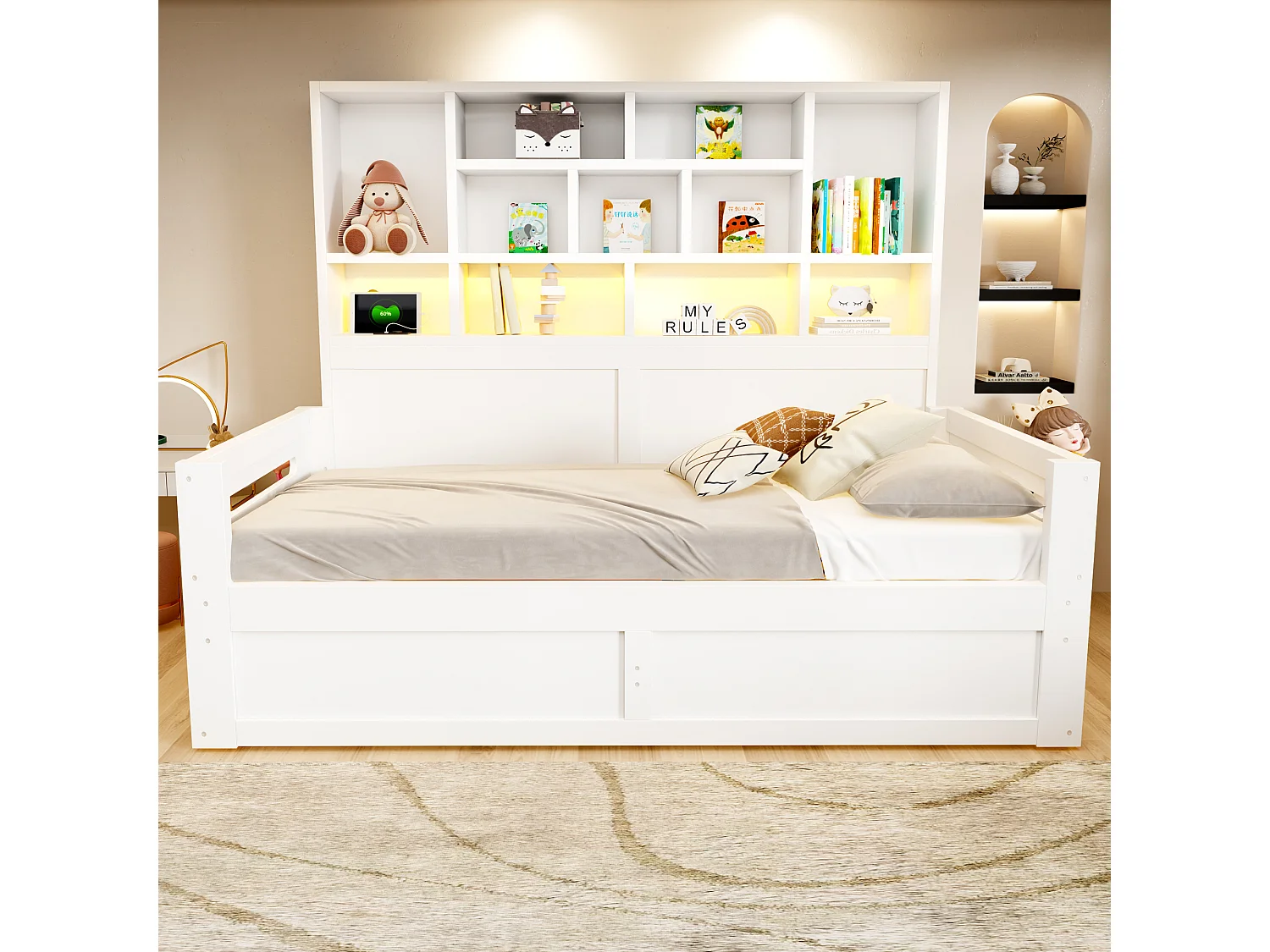 Canapé-lit coffre en bois 90 x 200 cm - avec lumière LED - avec prise électrique - blanc (matelas non inclus)