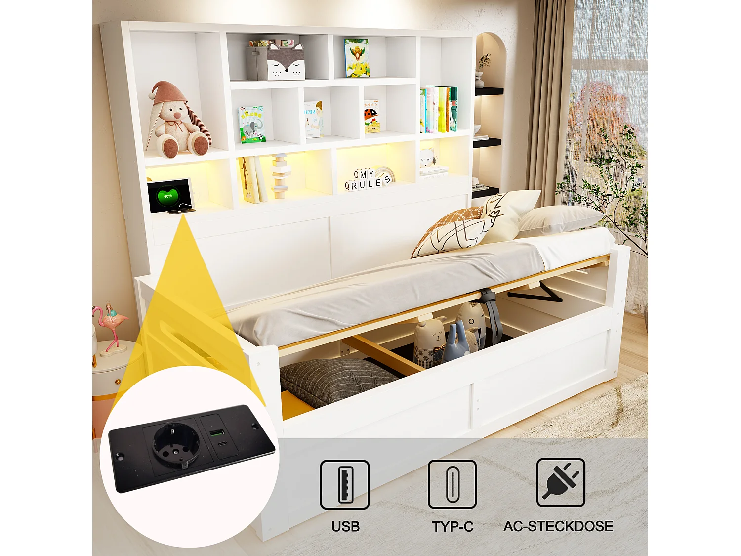 Canapé-lit coffre en bois 90 x 200 cm - avec lumière LED - avec prise électrique - blanc (matelas non inclus)