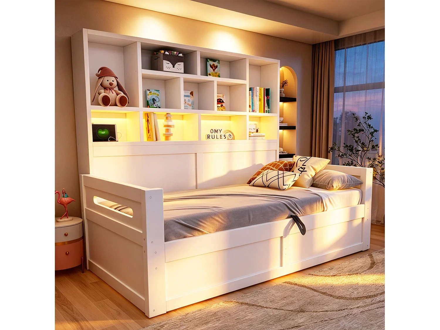 Canapé-lit coffre en bois 90 x 200 cm - avec lumière LED - avec prise électrique - blanc (matelas non inclus)