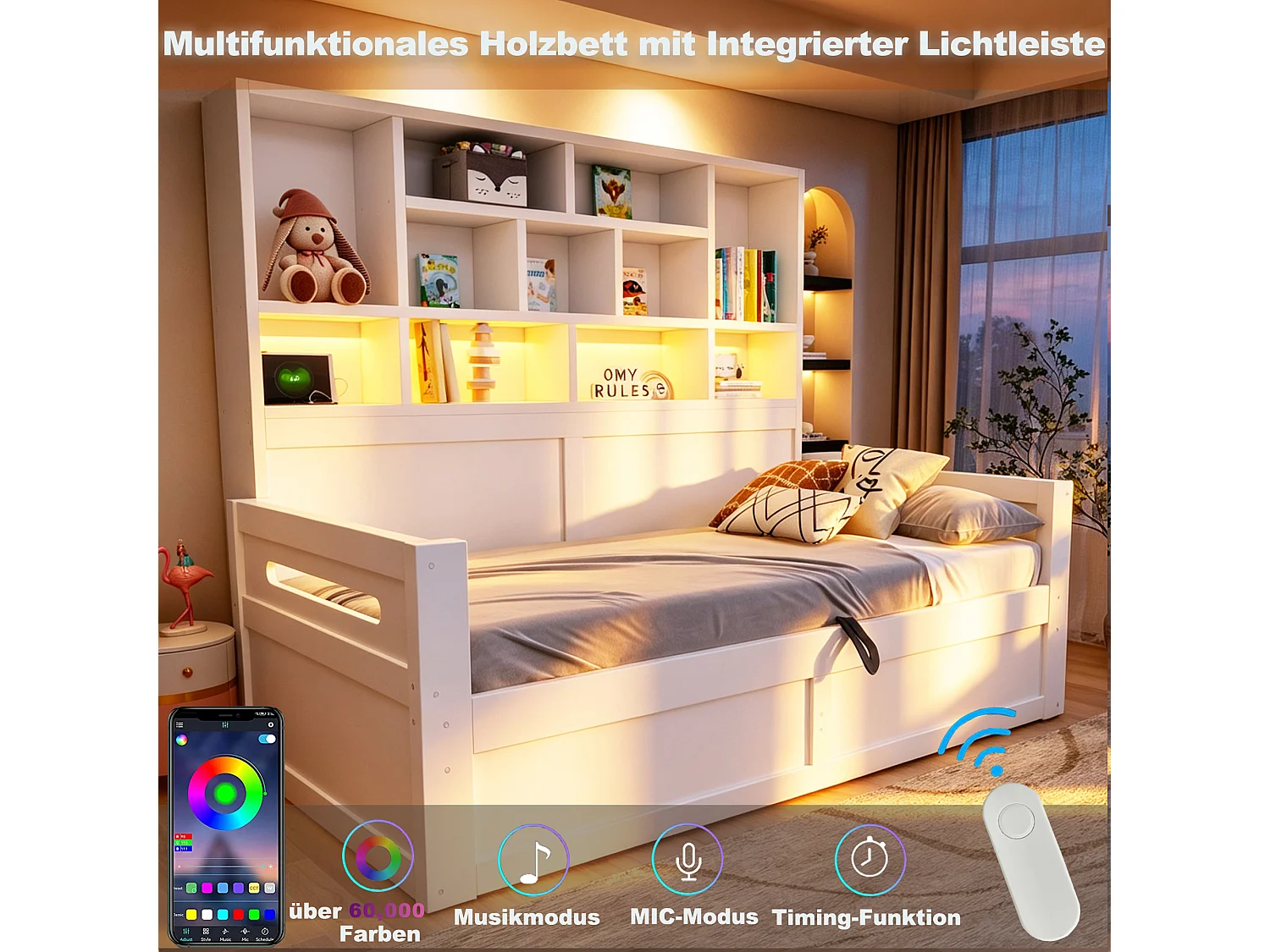 Canapé-lit coffre en bois 90 x 200 cm - avec lumière LED - avec prise électrique - blanc (matelas non inclus)