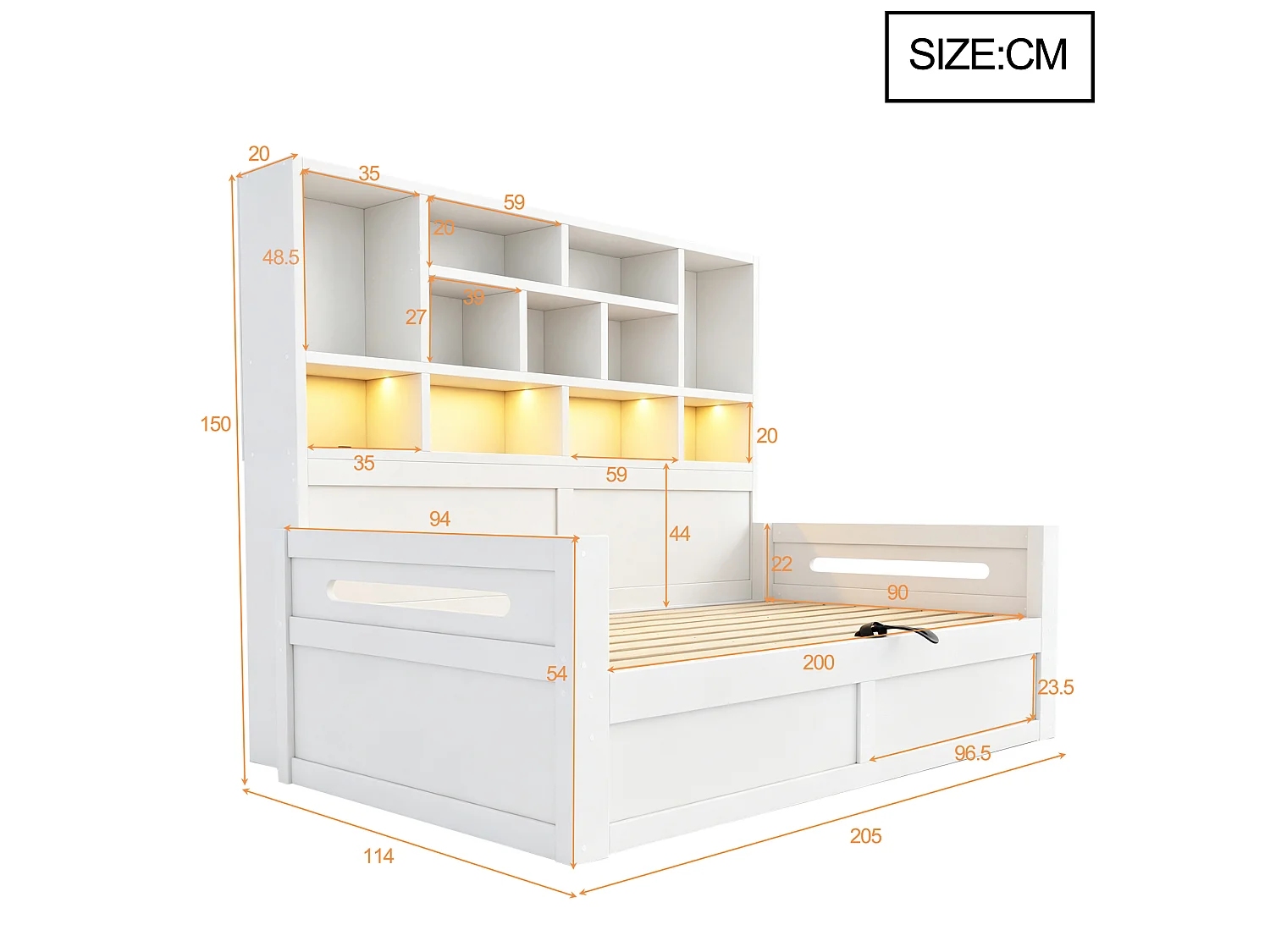 Canapé-lit coffre en bois 90 x 200 cm - avec lumière LED - avec prise électrique - blanc (matelas non inclus)