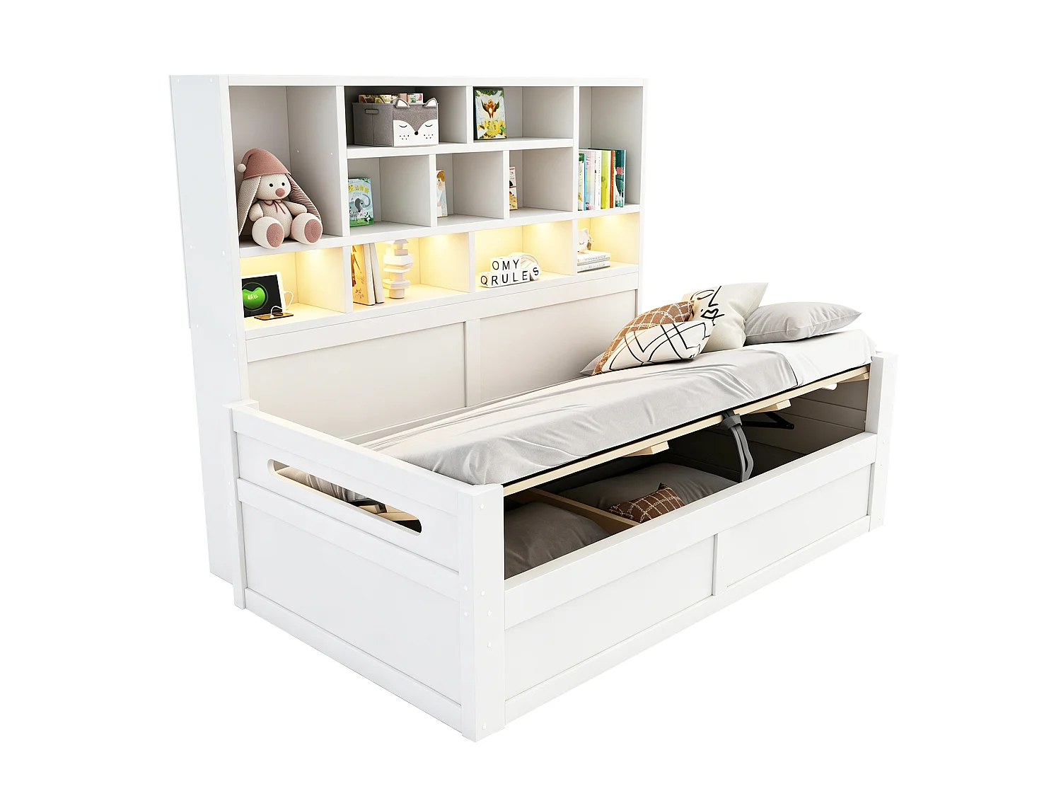Canapé-lit coffre en bois 90 x 200 cm - avec lumière LED - avec prise électrique - blanc (matelas non inclus)