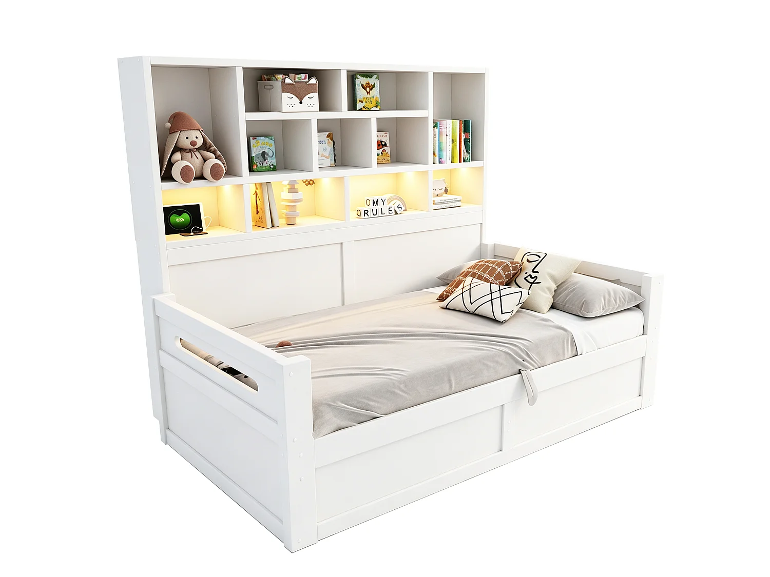 Canapé-lit coffre en bois 90 x 200 cm - avec lumière LED - avec prise électrique - blanc (matelas non inclus)